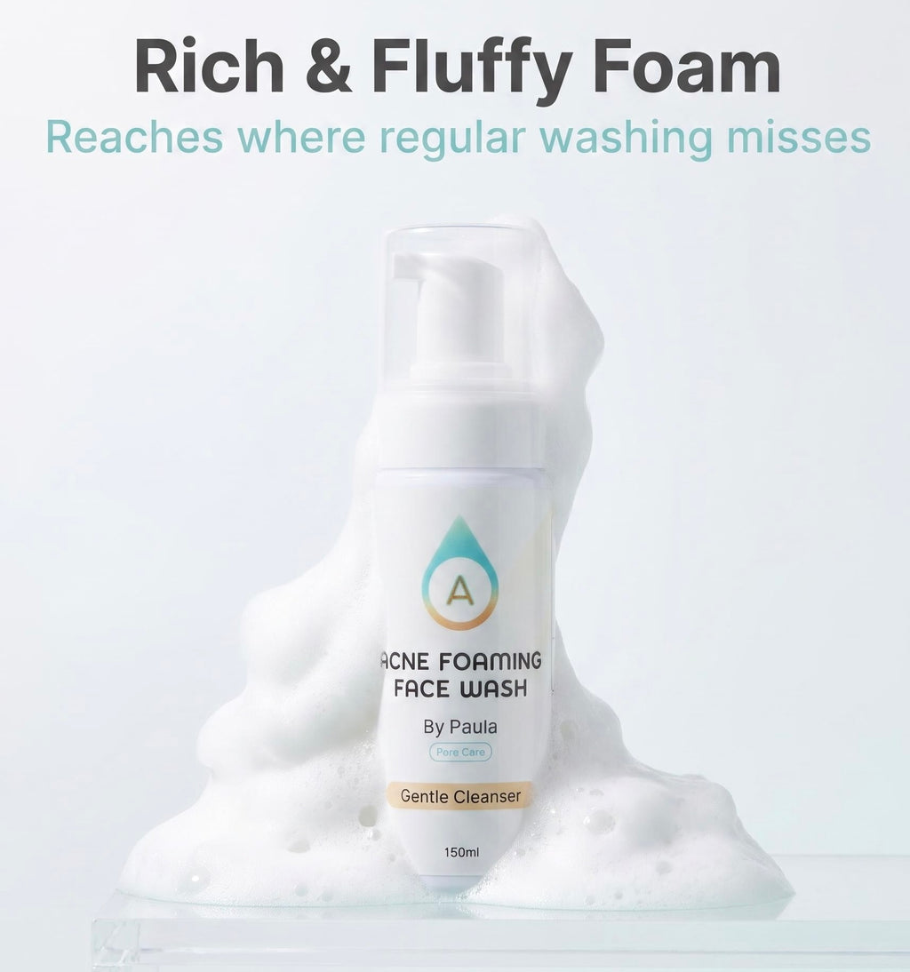 A white foam face wash bottle labeled 'Acne Foaming Face Wash By Paula' surrounded by overflowing white foam on a light gray background, with headline text at the top reading 'Rich & Fluffy Foam'.