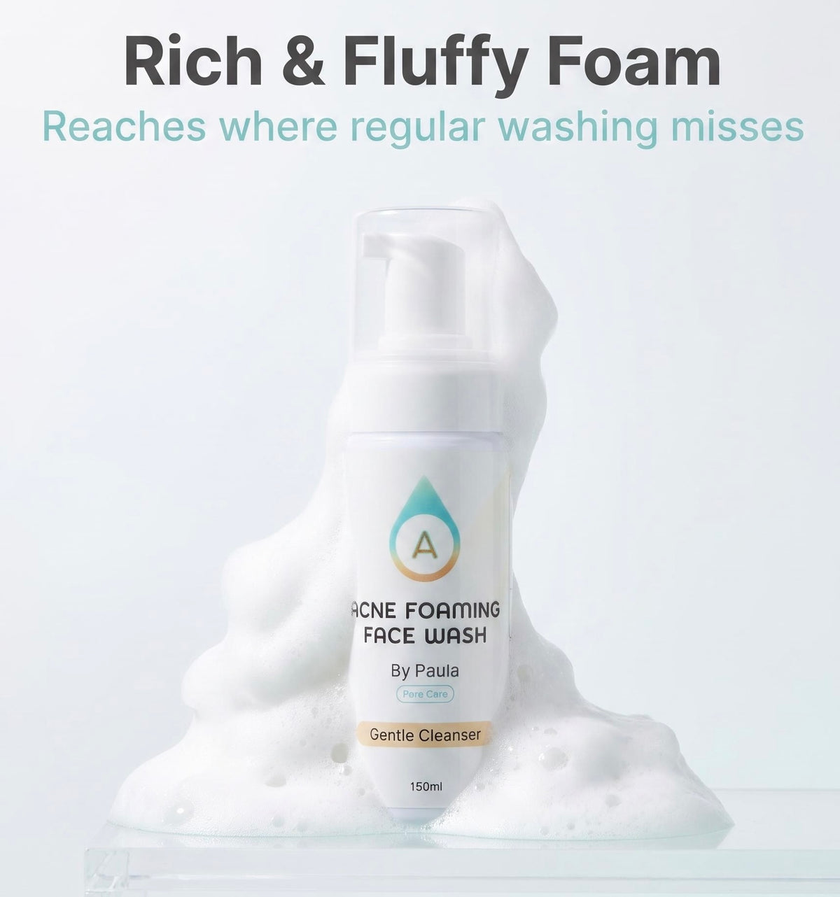 A white foam face wash bottle labeled 'Acne Foaming Face Wash By Paula' surrounded by overflowing white foam on a light gray background, with headline text at the top reading 'Rich & Fluffy Foam'.