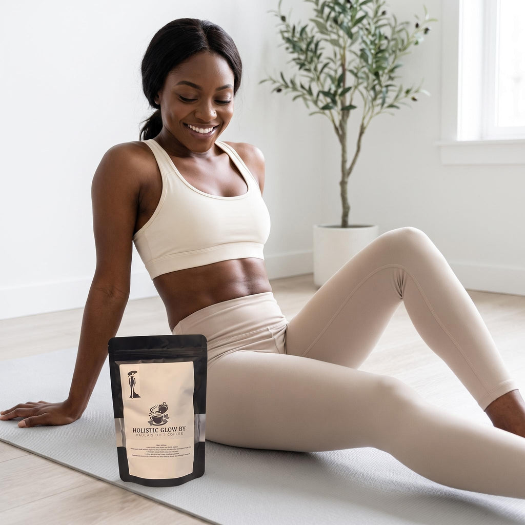 A woman in beige activewear sits on a yoga mat in a bright room, with a stand-up pouch labeled 'Holistic Glow by Nature' placed in front of her.