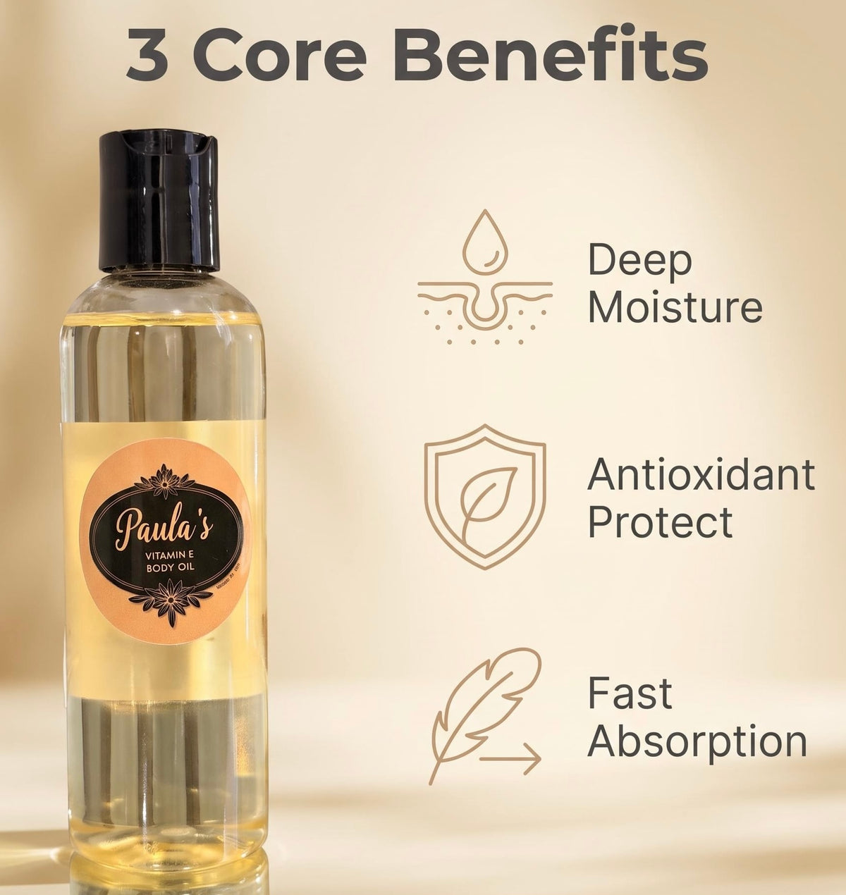 A bottle of Paula's Vitamin Body Oil shown on a warm beige background with marketing text reading '3 Core Benefits' and icons for Deep Moisture, Antioxidant Protect, and Fast Absorption.