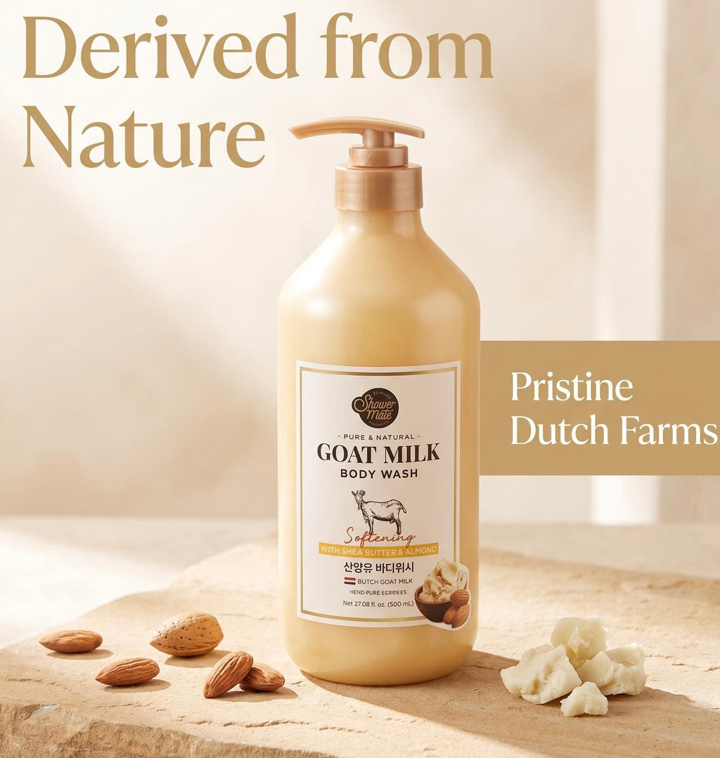 A bottle of Pure & Natural Goat Milk Body Wash stands on a stone surface with almonds and soap chunks around it. Large text reads 'Derived from Nature' and 'Pristine Dutch Farms' on a warm beige background.