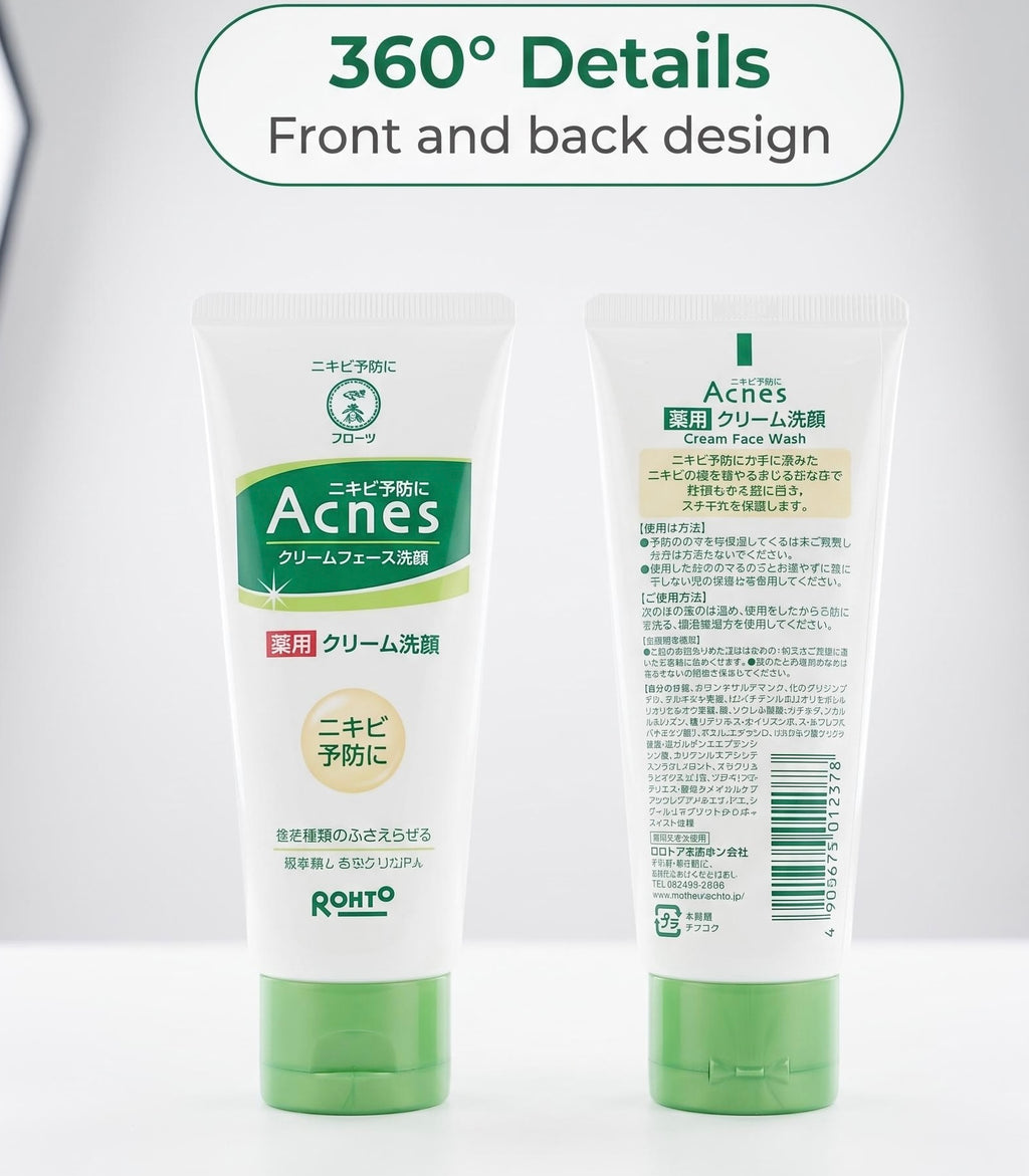 Two tubes of Rohto Acnes Cream Facial Wash shown on a white background, with a green text banner at the top reading '360° Details Front and back design'. The front tube shows the white and green packaging with the Rohto Acnes branding, and the back tube shows the detailed product information in Japanese.