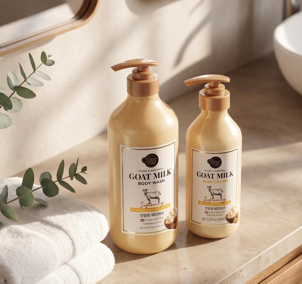 Two pump bottles of Soft Science Goat Milk Body Care products, including body wash and body lotion, displayed on a beige stone countertop with white towels, a mirror, and eucalyptus leaves in a warm, sunlit bathroom setting.