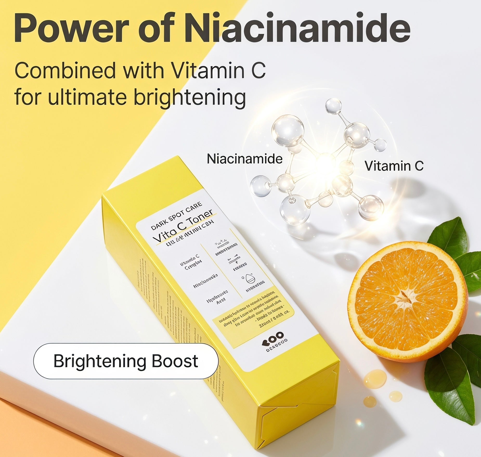 A yellow box of 400 BEAUTY Dark Spot Care Vito C-Toner is shown on a white and yellow background with text reading 'Power of Niacinamide' and 'Combined with Vitamin C for ultimate brightening,' plus a vitamin C molecule graphic and a sliced orange with leaves.
