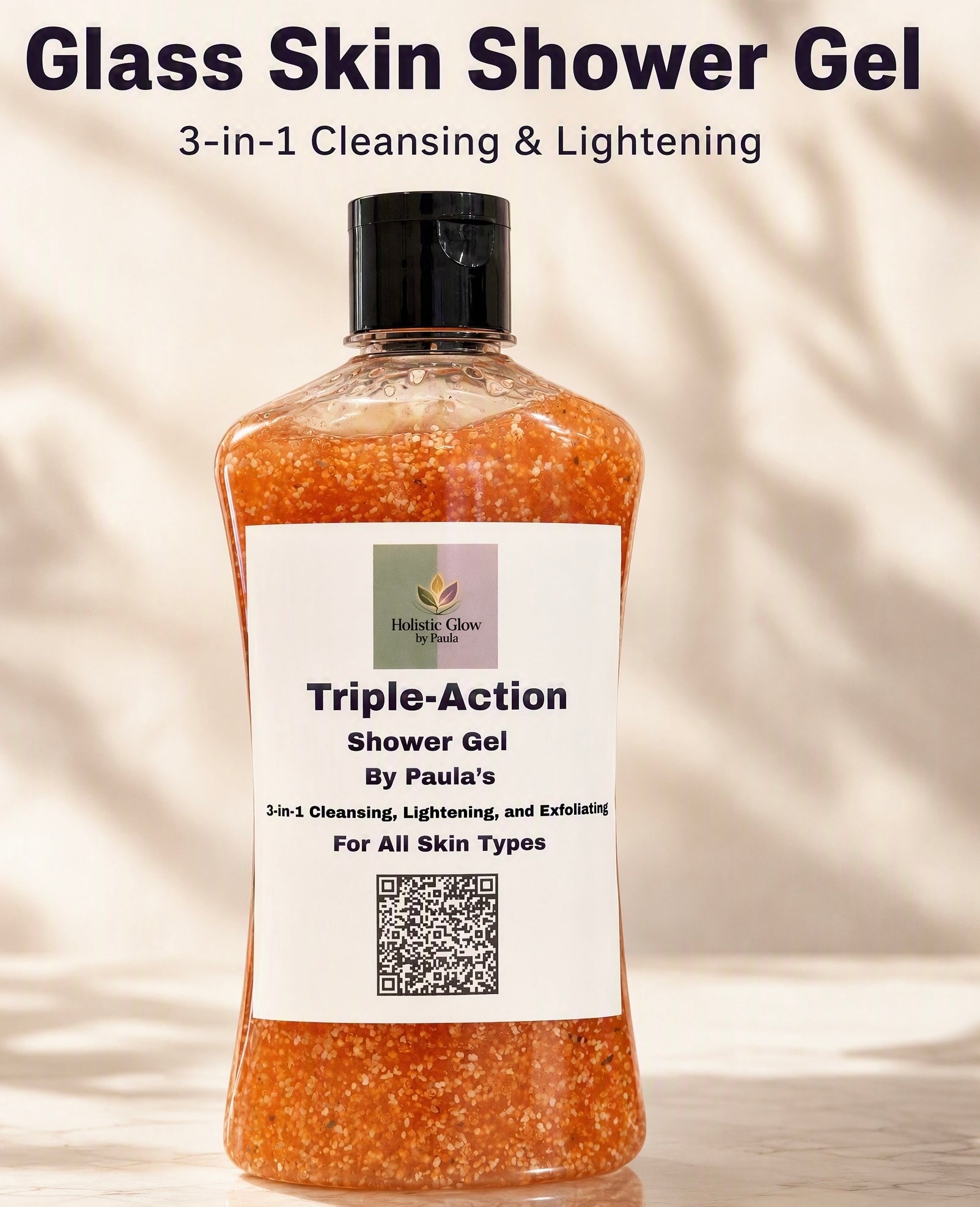 A bottle of Triple-Action Shower Gel by Paula's, filled with orange glittering gel and topped with a black cap, set against a warm beige background with soft leaf shadows. Text at the top reads 'Glass Skin Shower Gel' and '3-in-1 Cleansing & Lightening'.