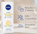 Nivea Skin Firming & Toning gel-cream box shown next to marketing text and icons on a soft beige background. The box is white with a blue NIVEA logo and yellow/gold text accents.