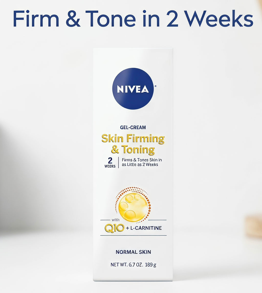 Nivea Skin Firming & Toning gel-cream box on a white background with the headline 'Firm & Tone in 2 Weeks' above it. The package is white with a blue Nivea logo, gold text, and a gold circular graphic.