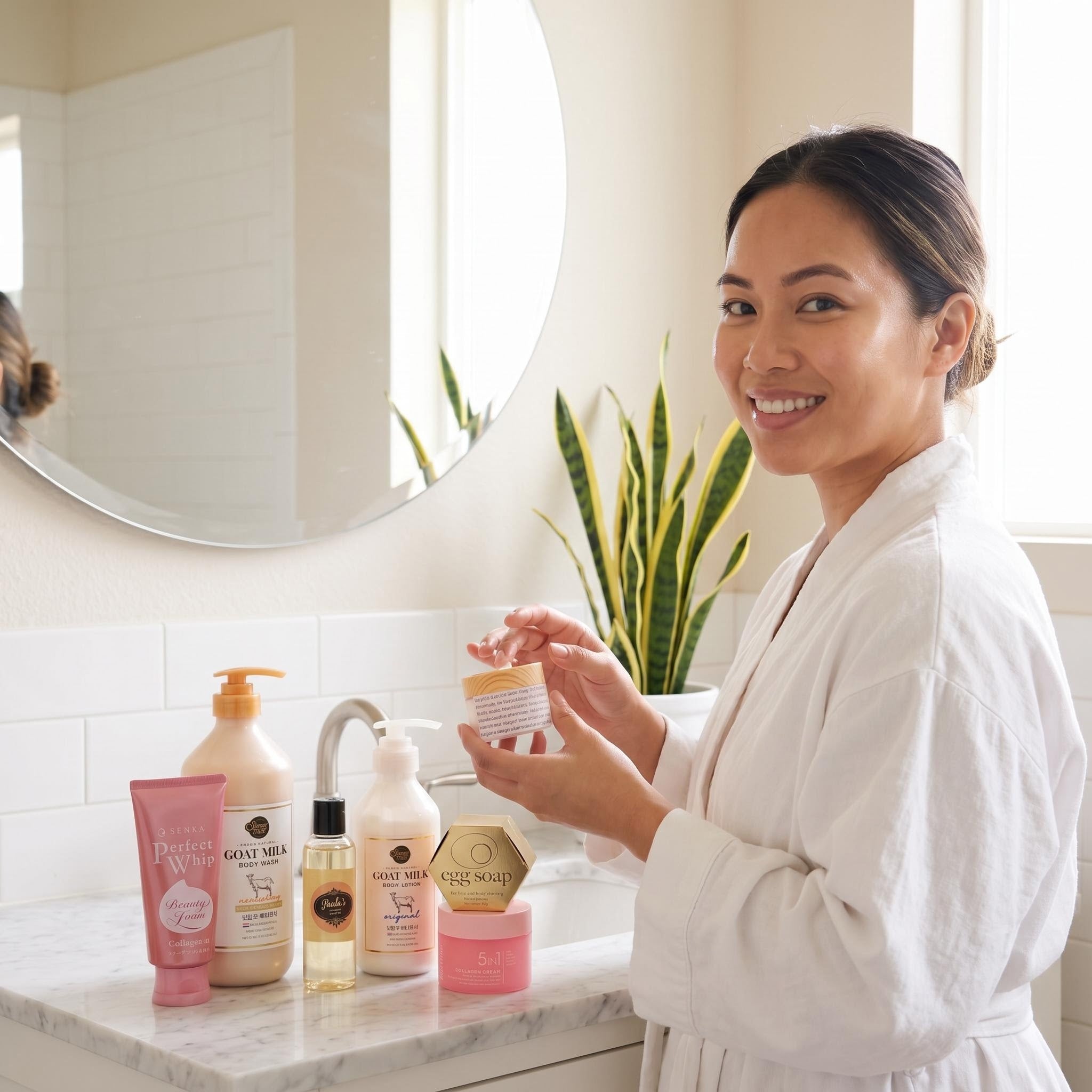A woman in a white robe stands in a bright bathroom holding a small skincare jar, with several bath and body products arranged on a marble counter in front of her.