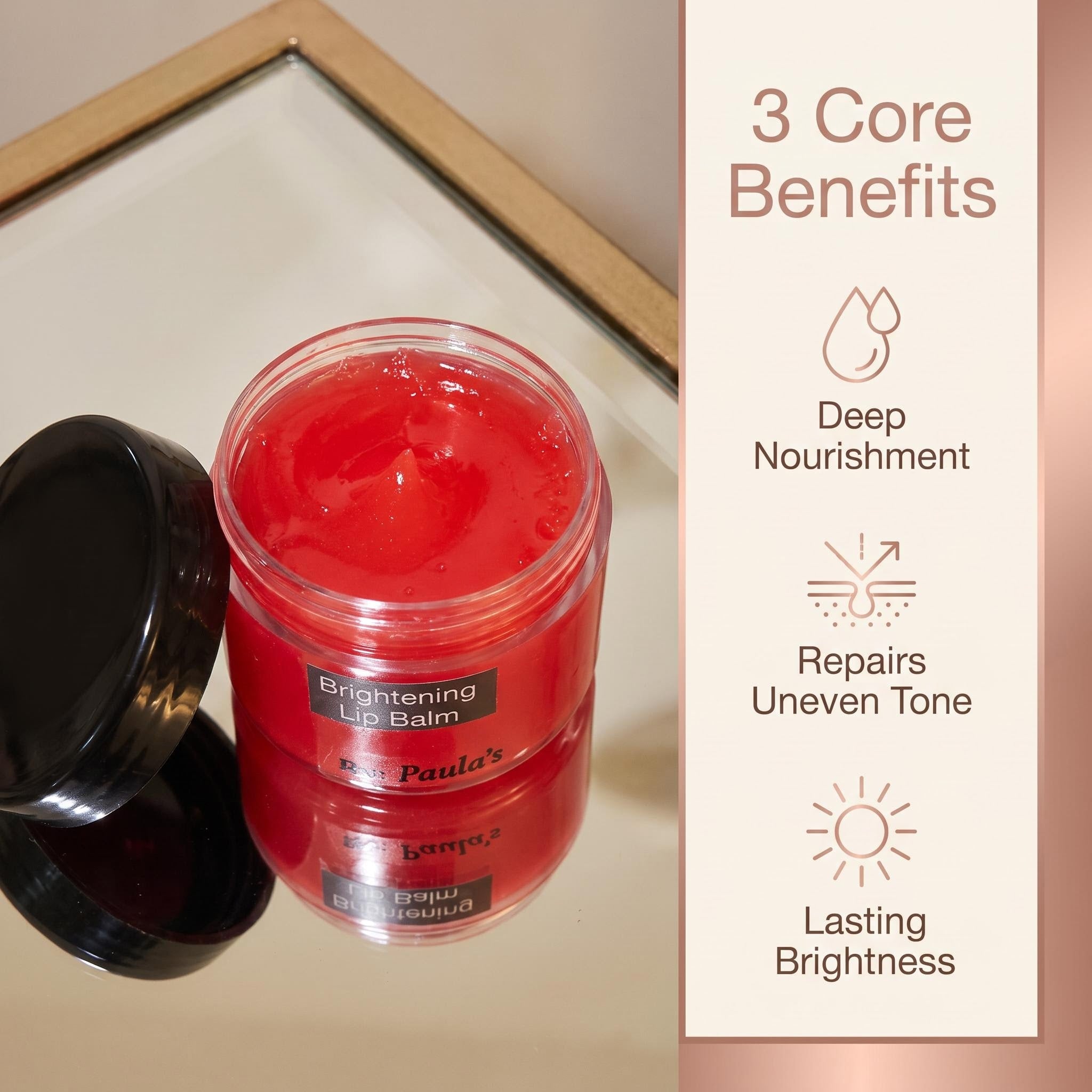 A jar of red lip balm with its black lid beside it on a light surface, next to a vertical text panel listing three core benefits: deep nourishment, repair of uneven tone, and lasting brightness. The label reads 'Brightening Lip Balm' and 'by Paula's'.