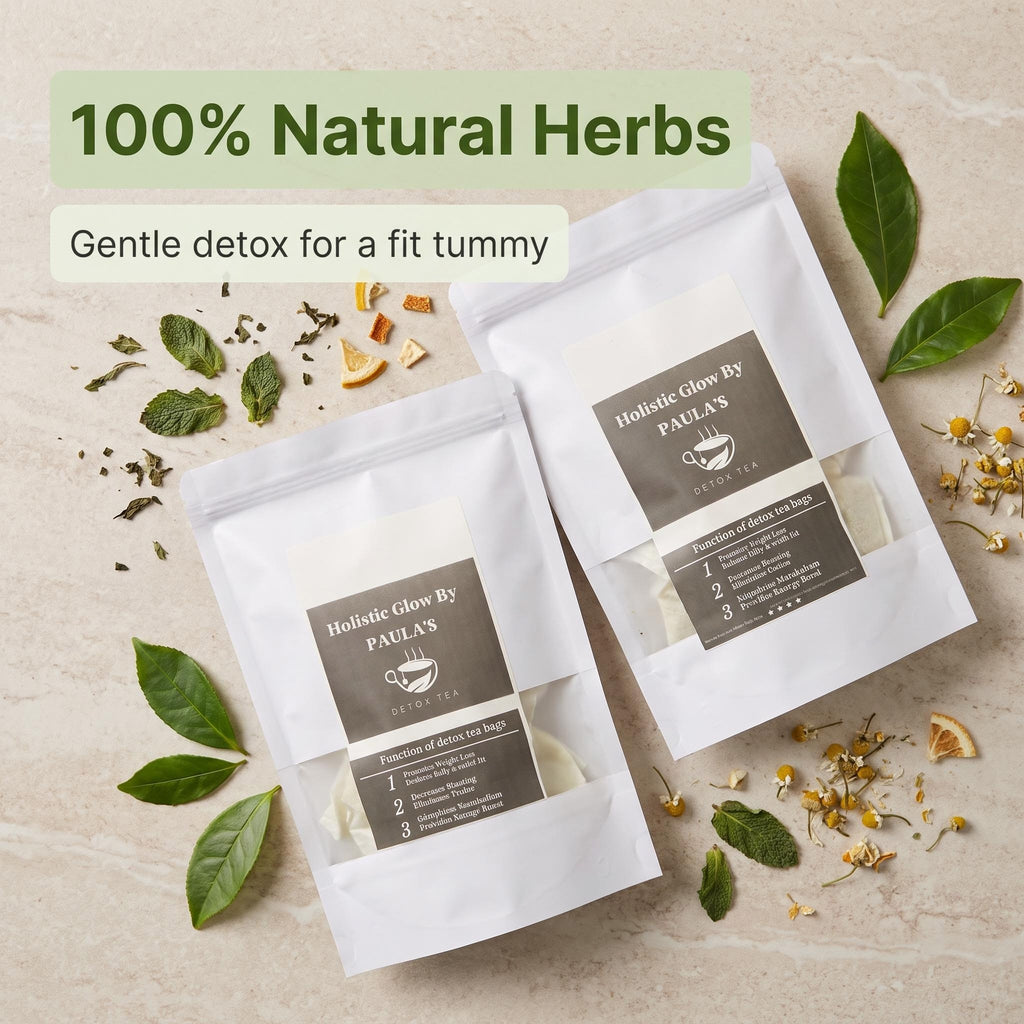 Two white stand-up pouches of Holistic Glow By PAILA'S herbal tea bags are arranged on a light beige stone surface with scattered green leaves, dried herbs, and chamomile flowers. Text at the top reads '100% Natural Herbs' and 'Gentle detox for a fit tummy.