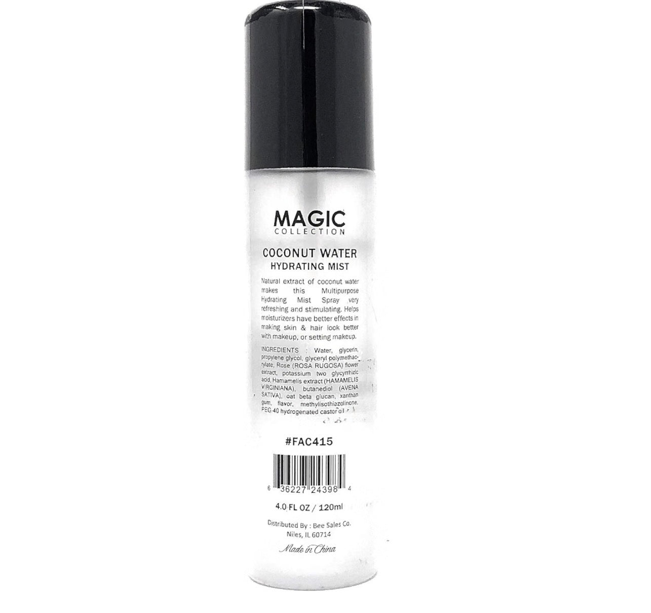 Coconut water hydrating mist bottle with black cap on a white background