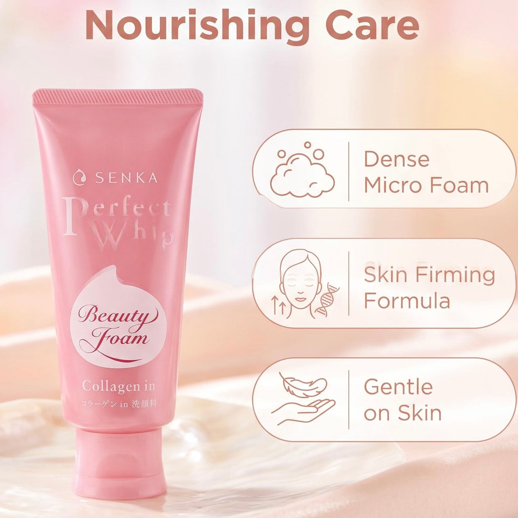 Pink Senka Perfect Whip Beauty Foam tube on a soft beige background with promotional text and feature callouts: Dense Micro Foam, Skin Firming Formula, and Gentle on Skin.
