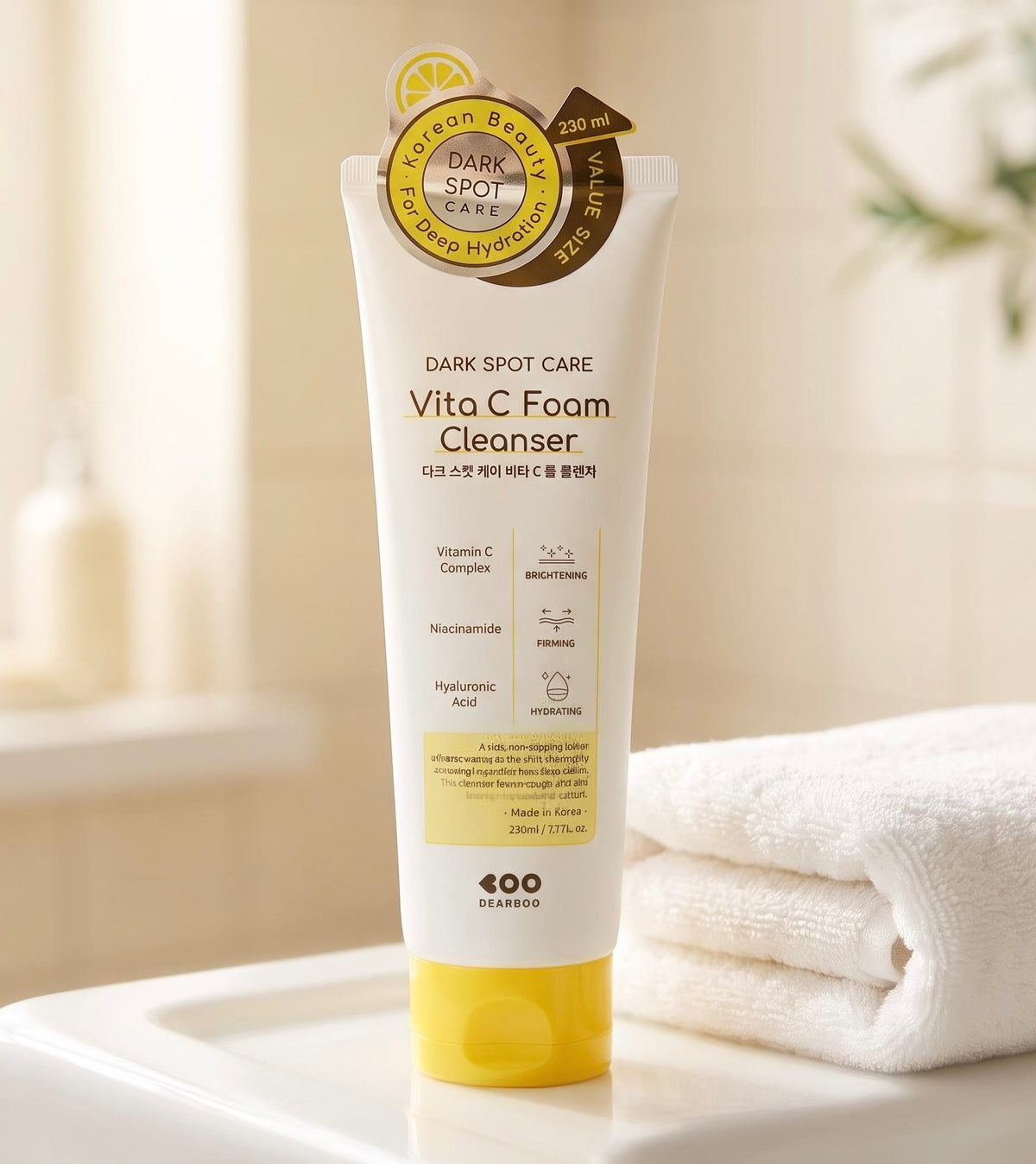 A tube of BearaGo Dark Spot Care Vita C Foam Cleanser stands on a white tray next to a folded white towel in a softly lit bathroom setting.