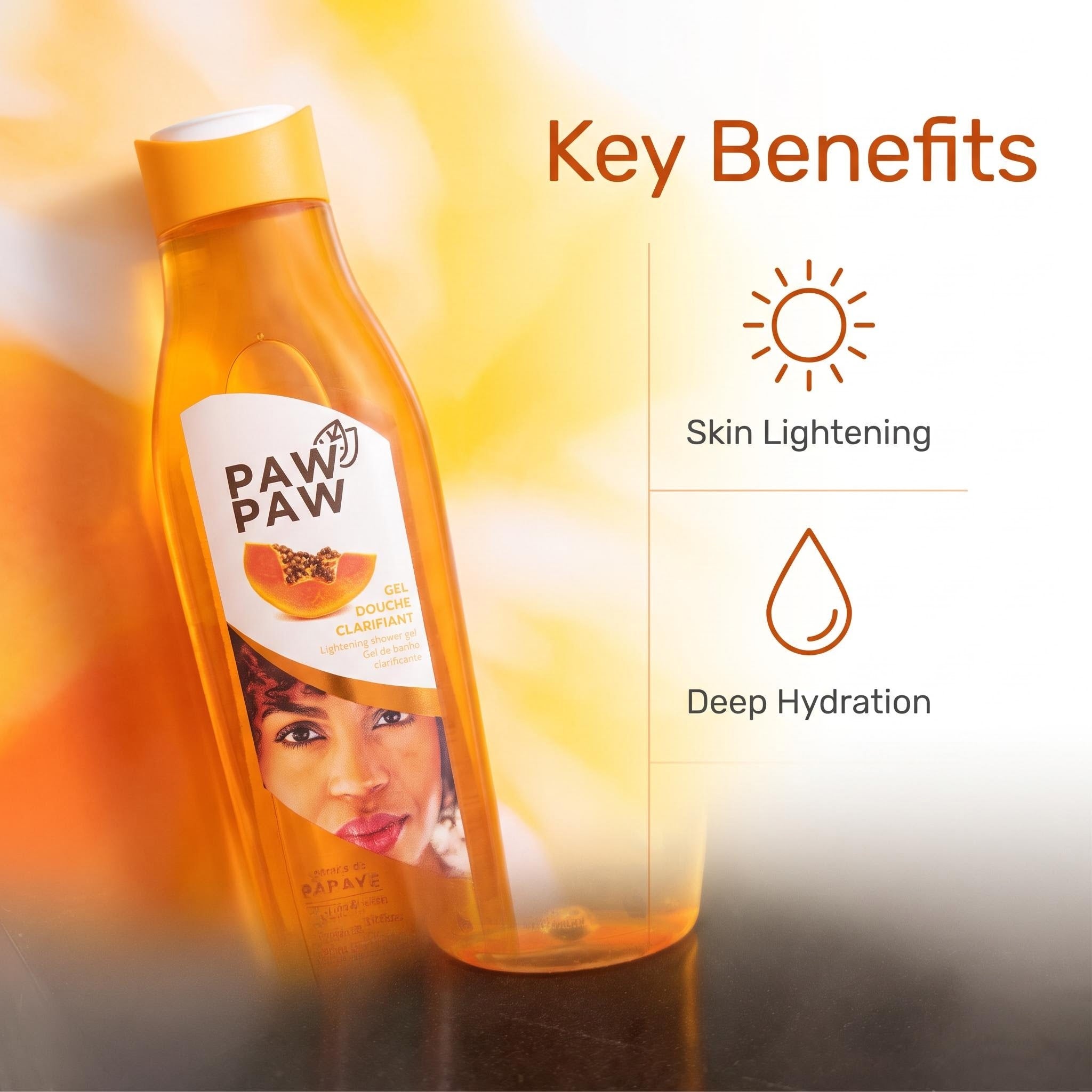 A bottle of PAW PAW Papaya Clay Mask serum shown next to key benefits text on a warm yellow and orange gradient background. The bottle is transparent, showing the orange-colored serum inside, and features a white label with a papaya graphic and a model's face.