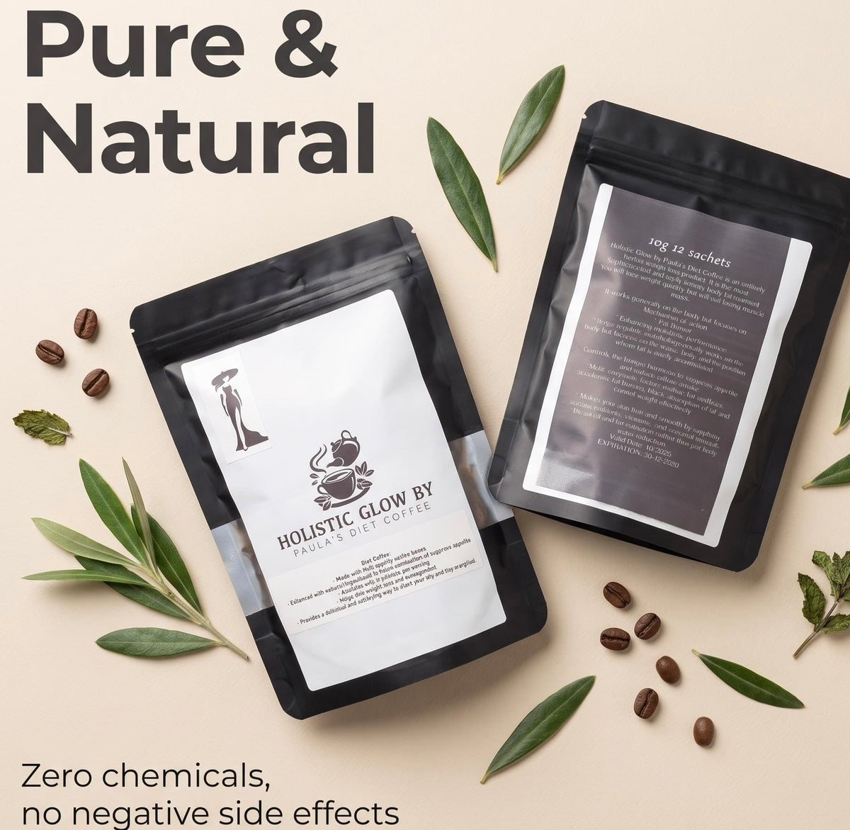 Two stand-up pouches of coffee capsules on a light beige background with scattered coffee beans, olive leaves, and sprigs. Large text reads 'Pure & Natural' and 'Zero chemicals, no negative side effects.