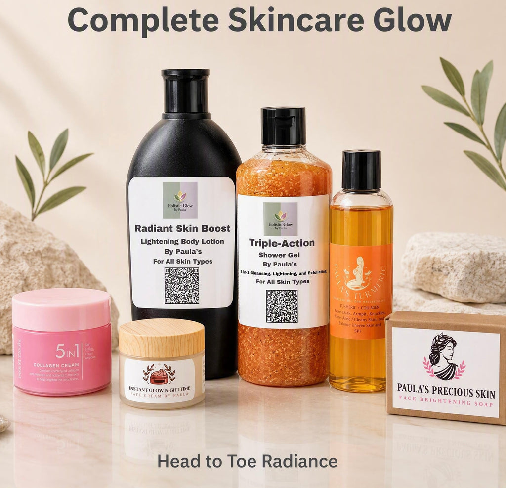 A curated skincare set arranged on a light marble surface with decorative leaves and stones in the background. The products include a black bottle labeled Radiant Skin Boost body lotion, an orange shower gel bottle labeled Triple-Action shower gel, a pink jar labeled 5-in-1 cream, a small beige jar labeled clay mask, and a brown box labeled Paula's Precious Skin facial toning soap.