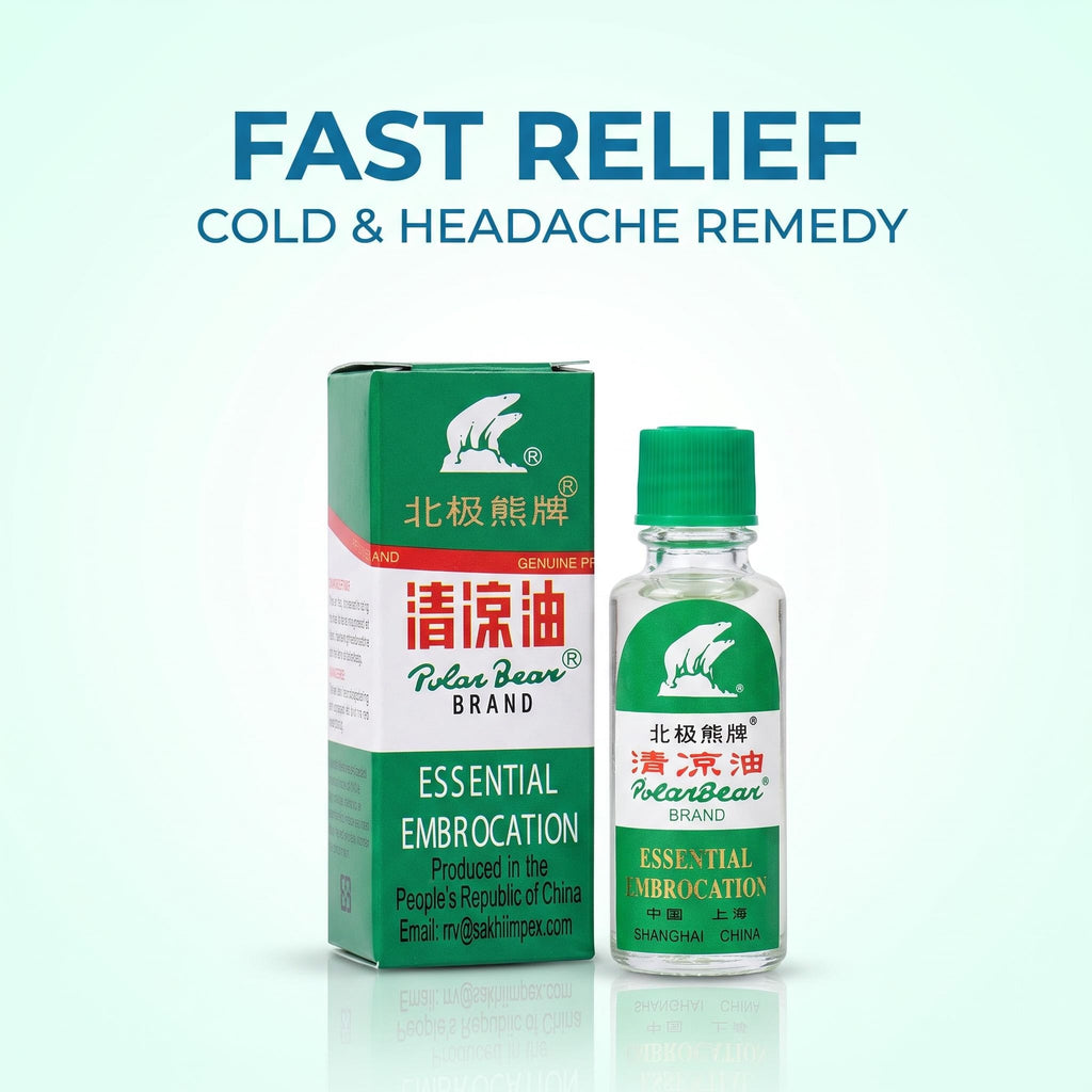 A bottle and box of Polar Bear Brand Essential Embrocation shown on a light blue-green background with the text 'FAST RELIEF COLD & HEADACHE REMEDY' above it.