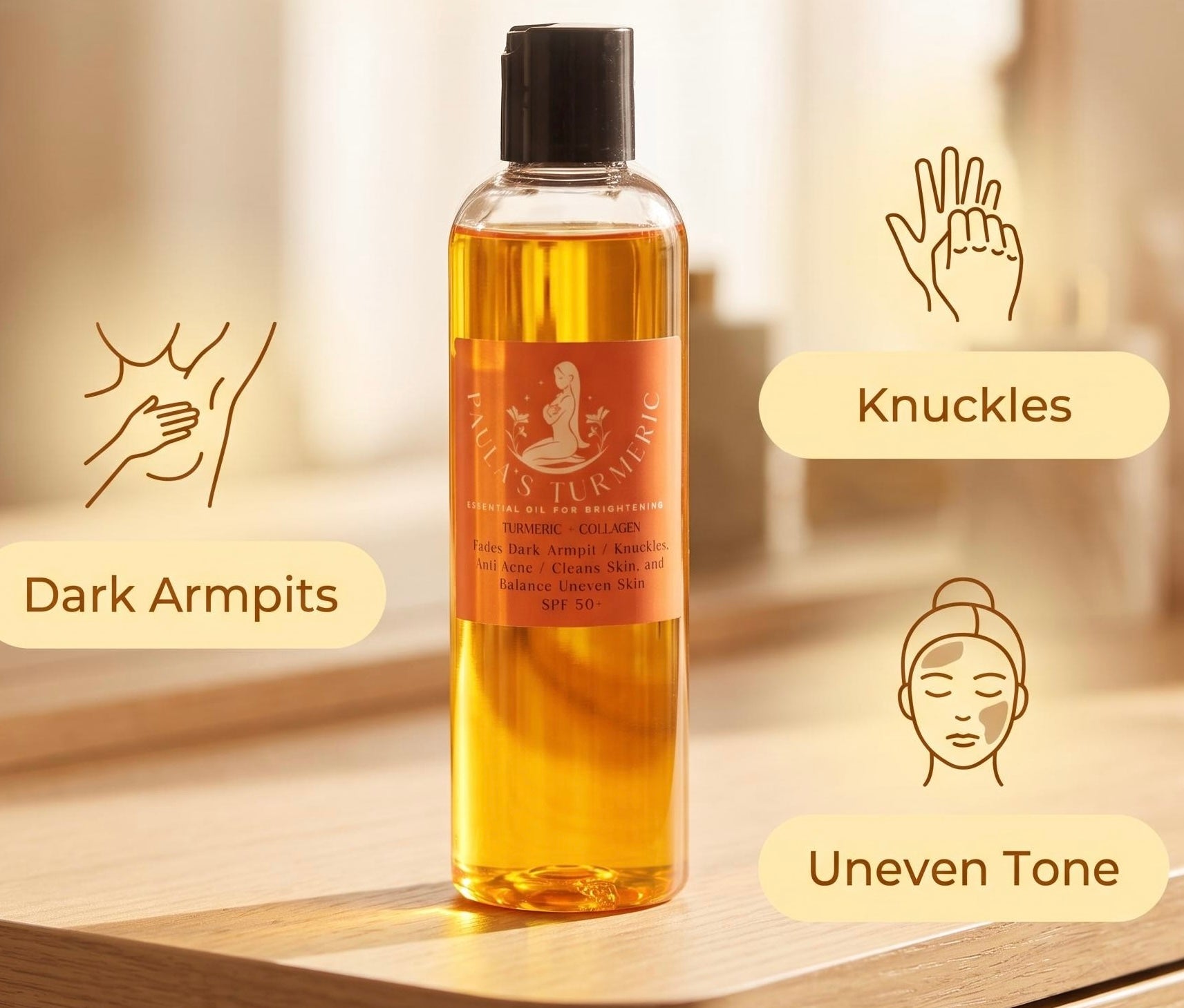 A clear plastic bottle of Paul's Turmeric body oil with a black cap and orange label, standing on a wooden surface. The background is a softly blurred warm indoor setting.