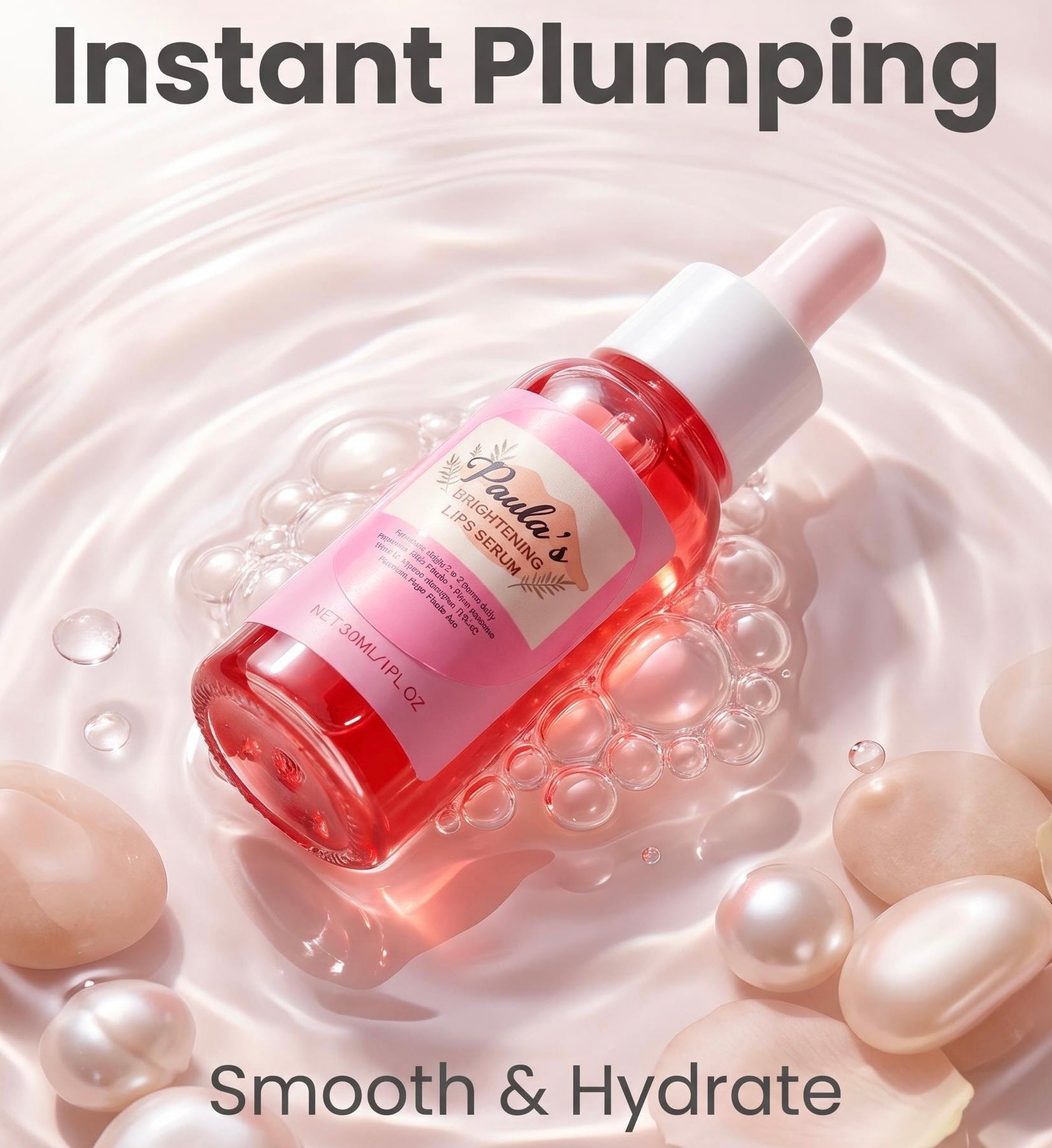 A pink dropper bottle labeled 'Paulie's Instant Plumping' surrounded by bubbles and smooth stones on a glossy white surface, with the text 'Instant Plumping' at the top and 'Smooth & Hydrate' at the bottom.