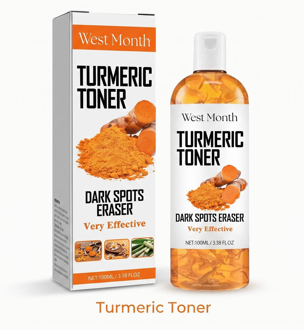 West Month Turmeric Toner shown with its retail box and a clear bottle containing amber-orange liquid, on a light gray background with the text 'Turmeric Toner' below.