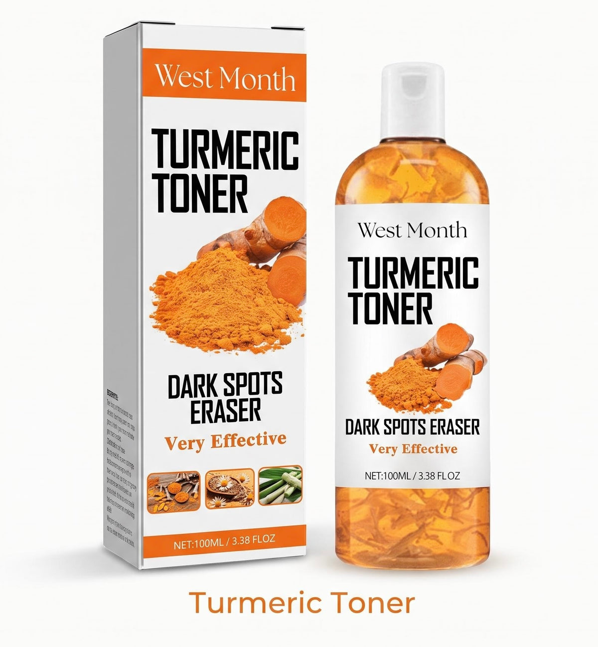 West Month Turmeric Toner shown with its retail box and a clear bottle containing amber-orange liquid, on a light gray background with the text 'Turmeric Toner' below.
