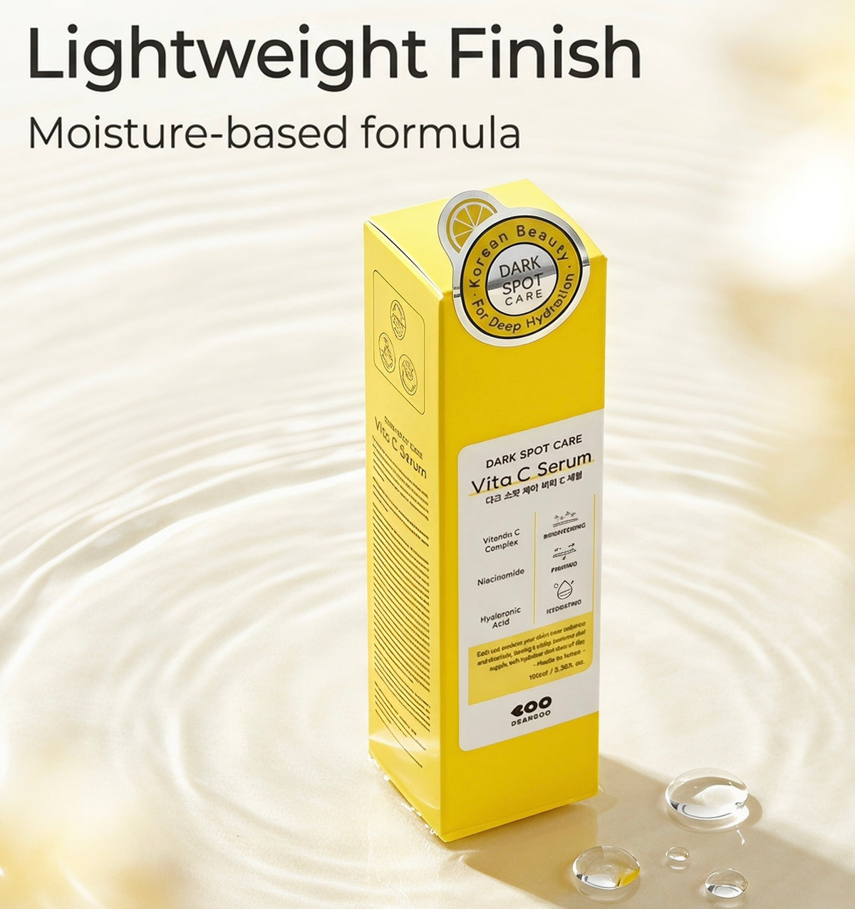 A yellow rectangular bottle of Vita C Serum Dark Spot Care with a gold seal, set against a warm cream background with liquid ripples and water droplets. Text at the top reads 'Lightweight Finish' and 'Moisture-based formula'.