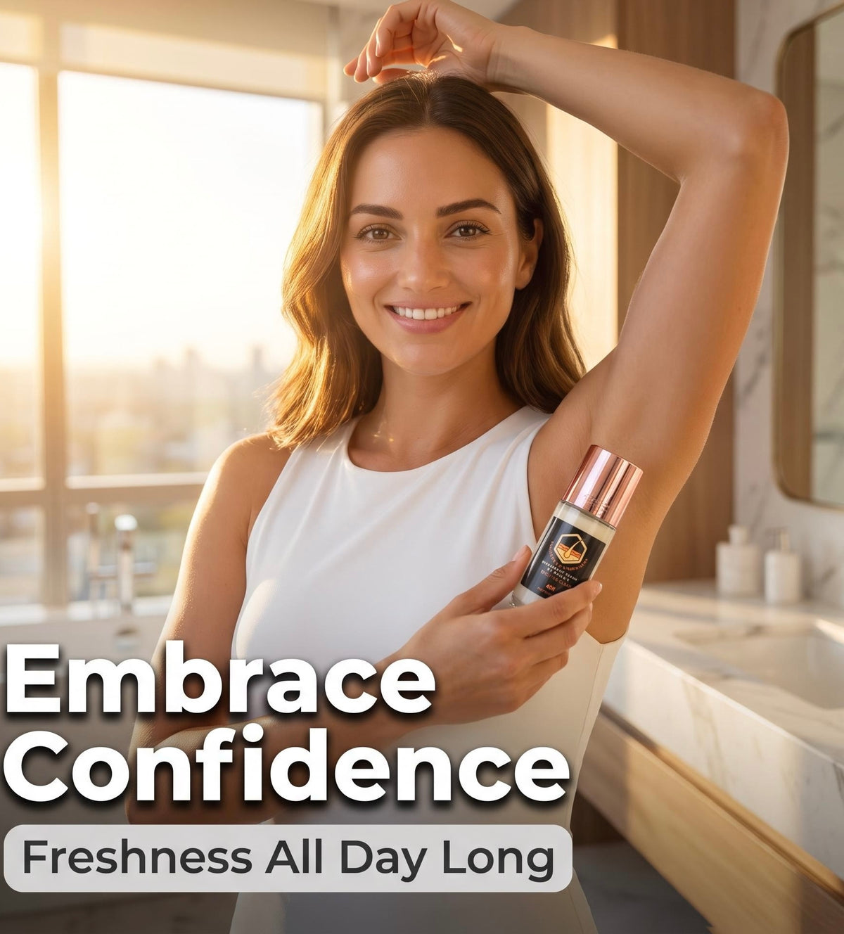 A woman in a white sleeveless top holds a cylindrical personal care product under her arm in a bright bathroom setting. Large overlaid text reads 'Embrace Confidence' and 'Freshness All Day Long'.