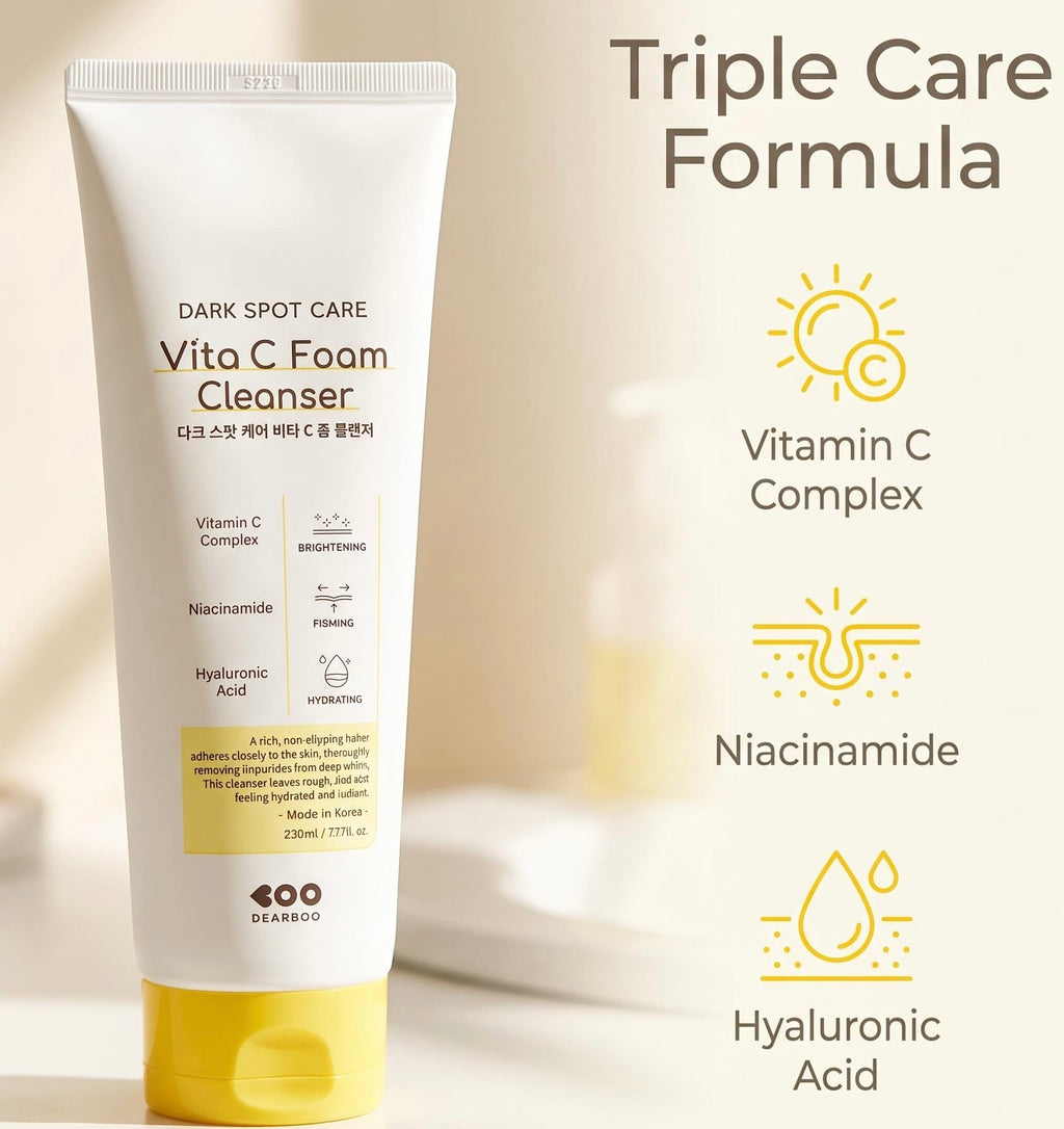 A tube of DEARBOO Vita C Foam Cleanser shown on a warm beige background with marketing text and icons for Vitamin C Complex, Niacinamide, and Hyaluronic Acid.
