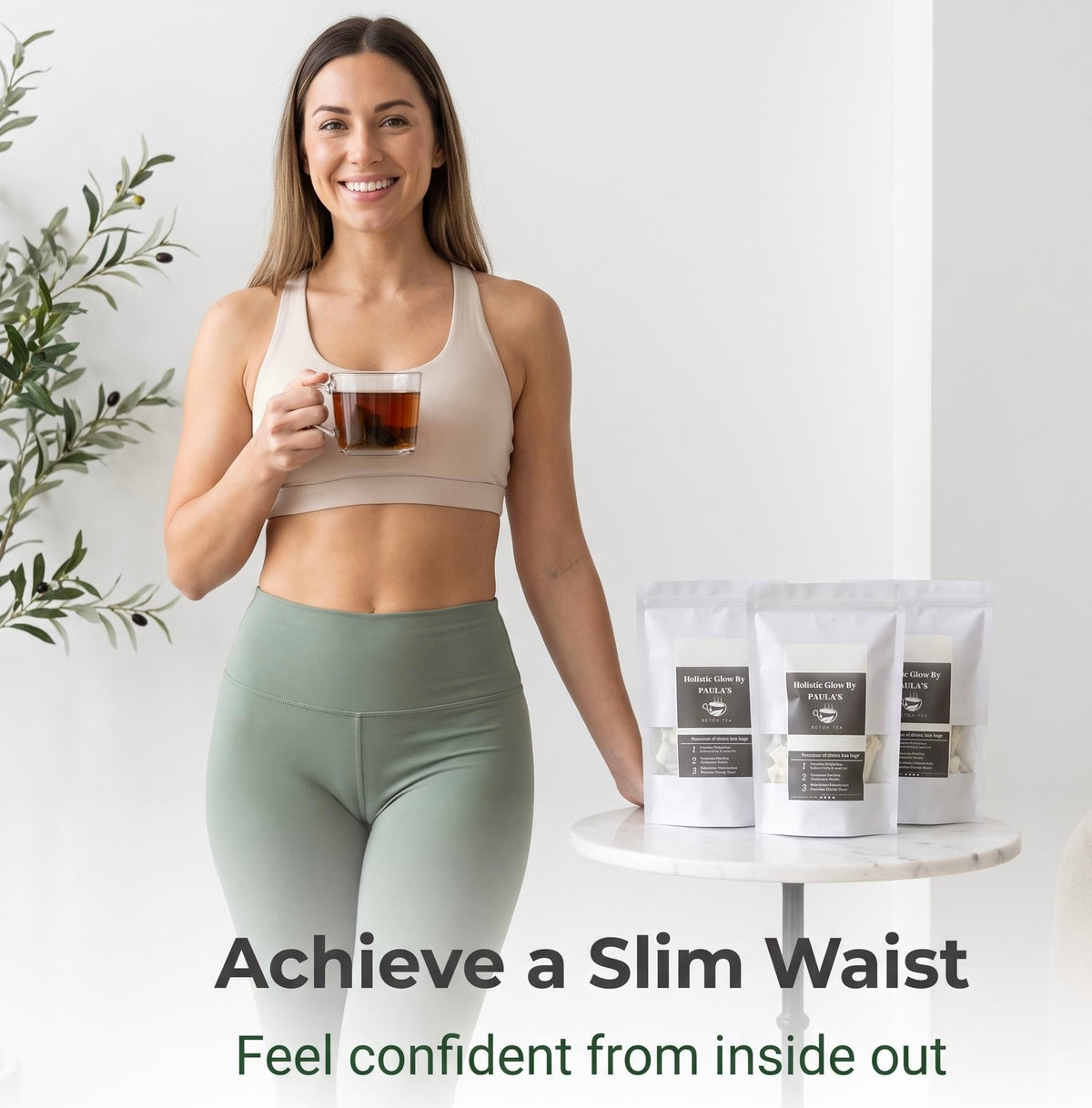 A woman in a beige sports bra and sage green leggings stands indoors holding a mug, with three white product pouches on a small table beside her. Text at the bottom reads, 'Achieve a Slim Waist Feel confident from inside out.