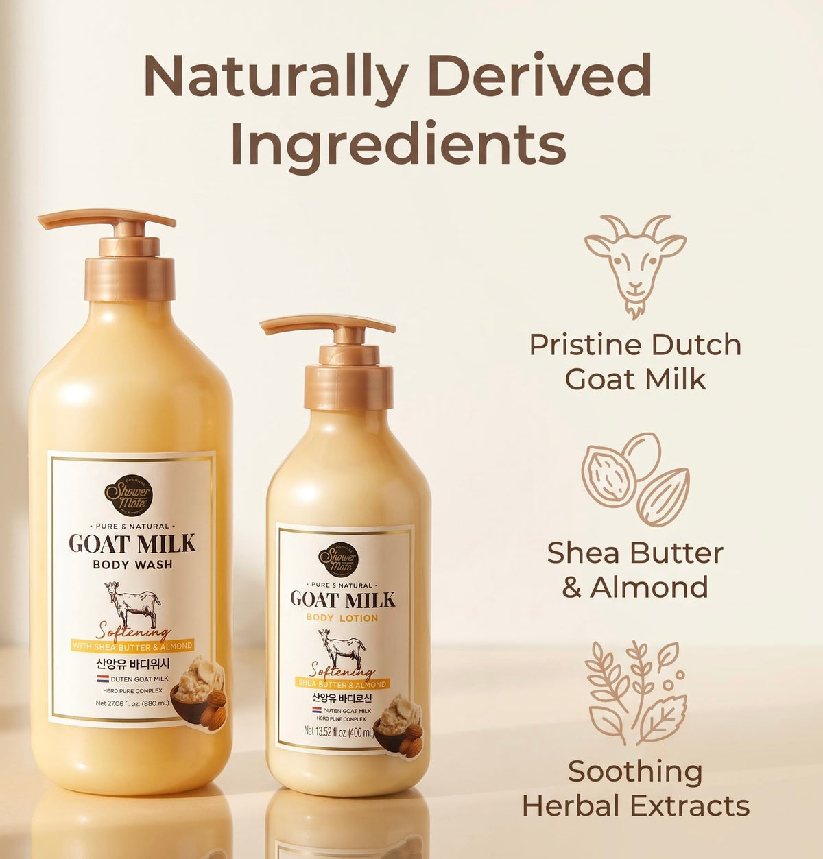 Two pump bottles of Pure Natural Goat Milk Body Wash in a soft cream color with gold caps, shown against a warm beige background with text and icons highlighting ingredients like Dutch Goat Milk, Shea Butter & Almond, and Soothing Herbal Extracts.