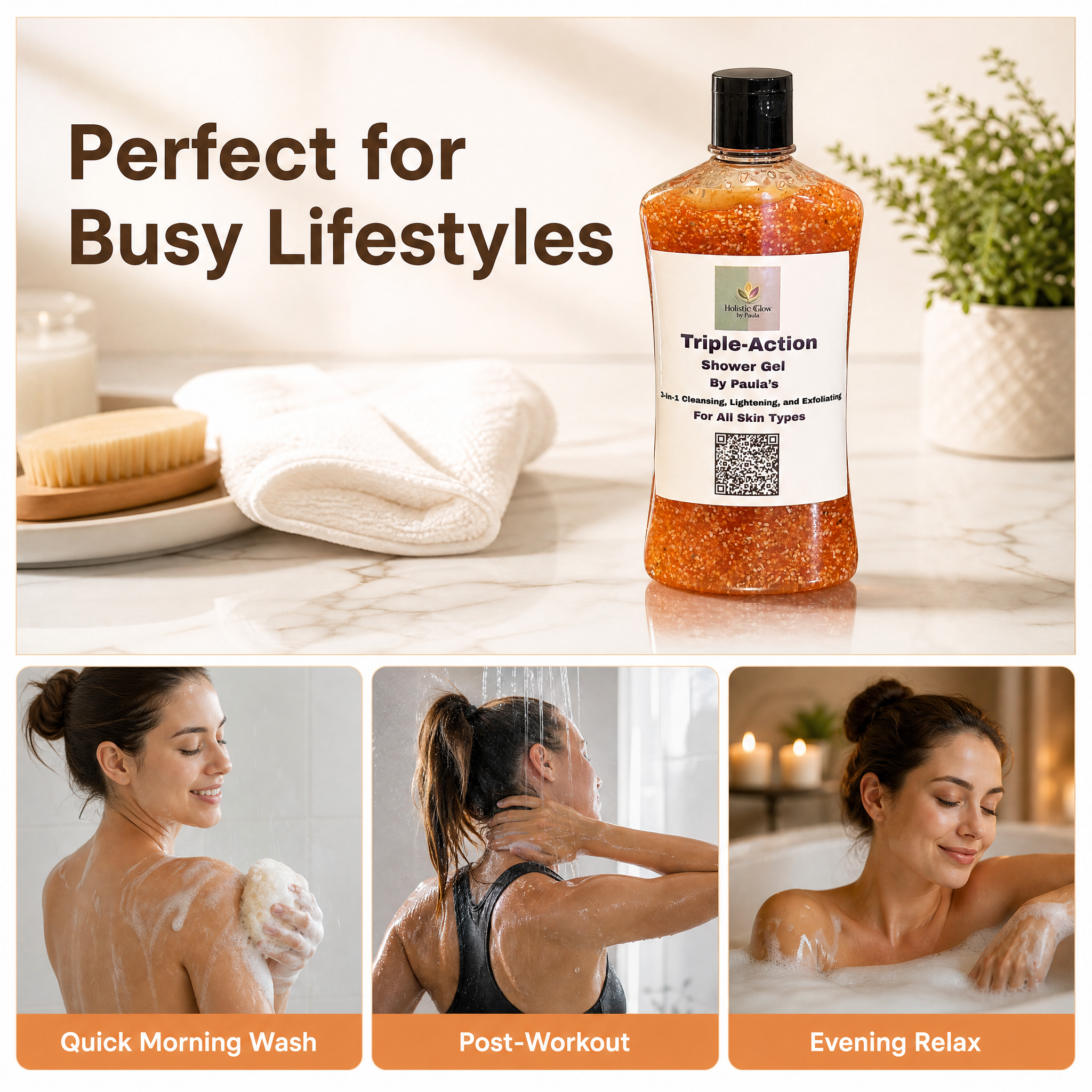 A bottle of orange shower gel labeled 'Triple-Action Shower Gel by Paula's' displayed on a marble countertop with a towel, soap dish, and brush nearby. Large text reads 'Perfect for Busy Lifestyles,' and three smaller lifestyle photos at the bottom show shower gel use labeled 'Quick Morning Wash,' 'Post-Workout,' and 'Evening Relax.