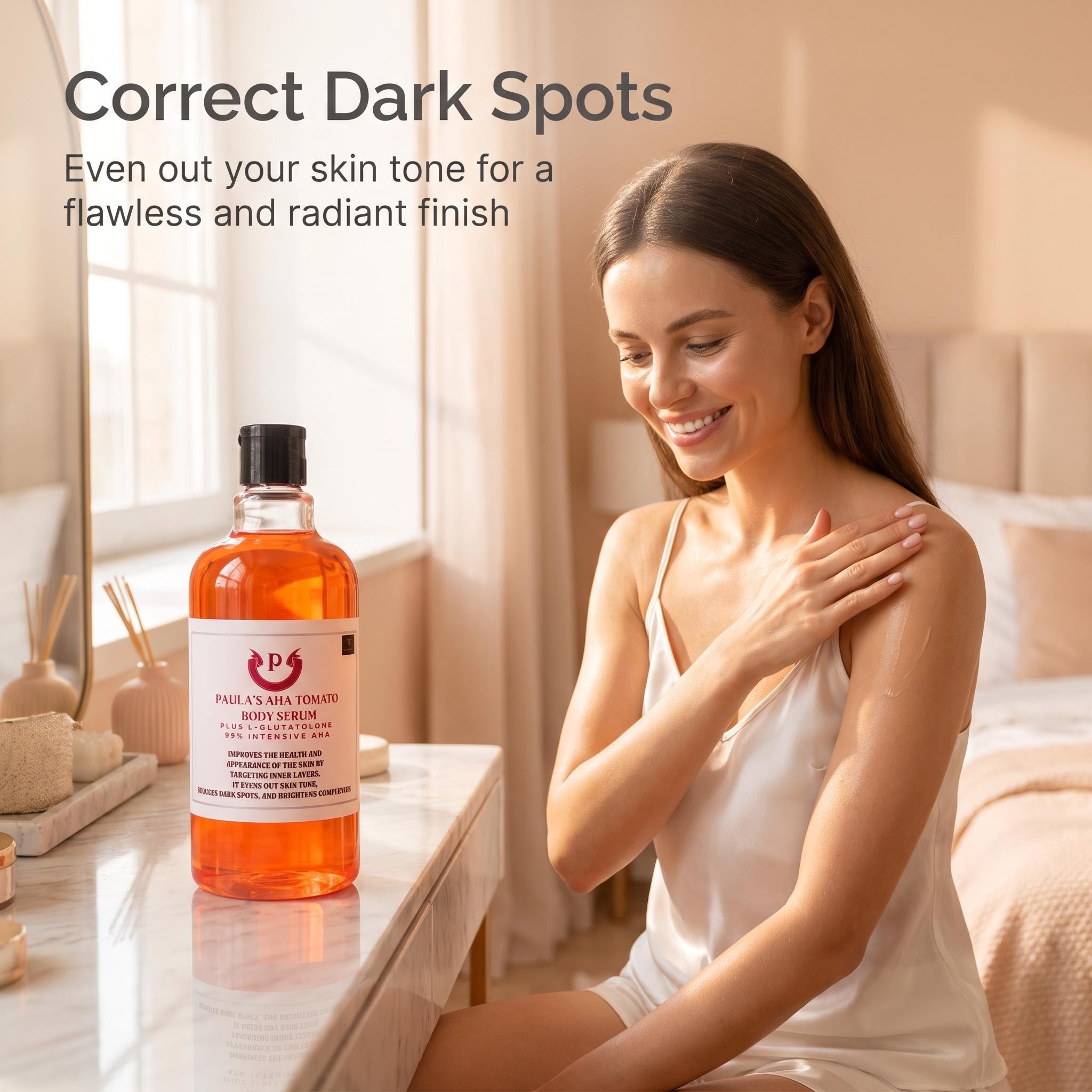 A woman in a white satin robe sits in a softly lit bedroom, touching her shoulder while wearing a clear bottle of orange liquid makeup or skincare product on a bedside table. Large text at the top reads, 'Correct Dark Spots' with smaller descriptive copy.