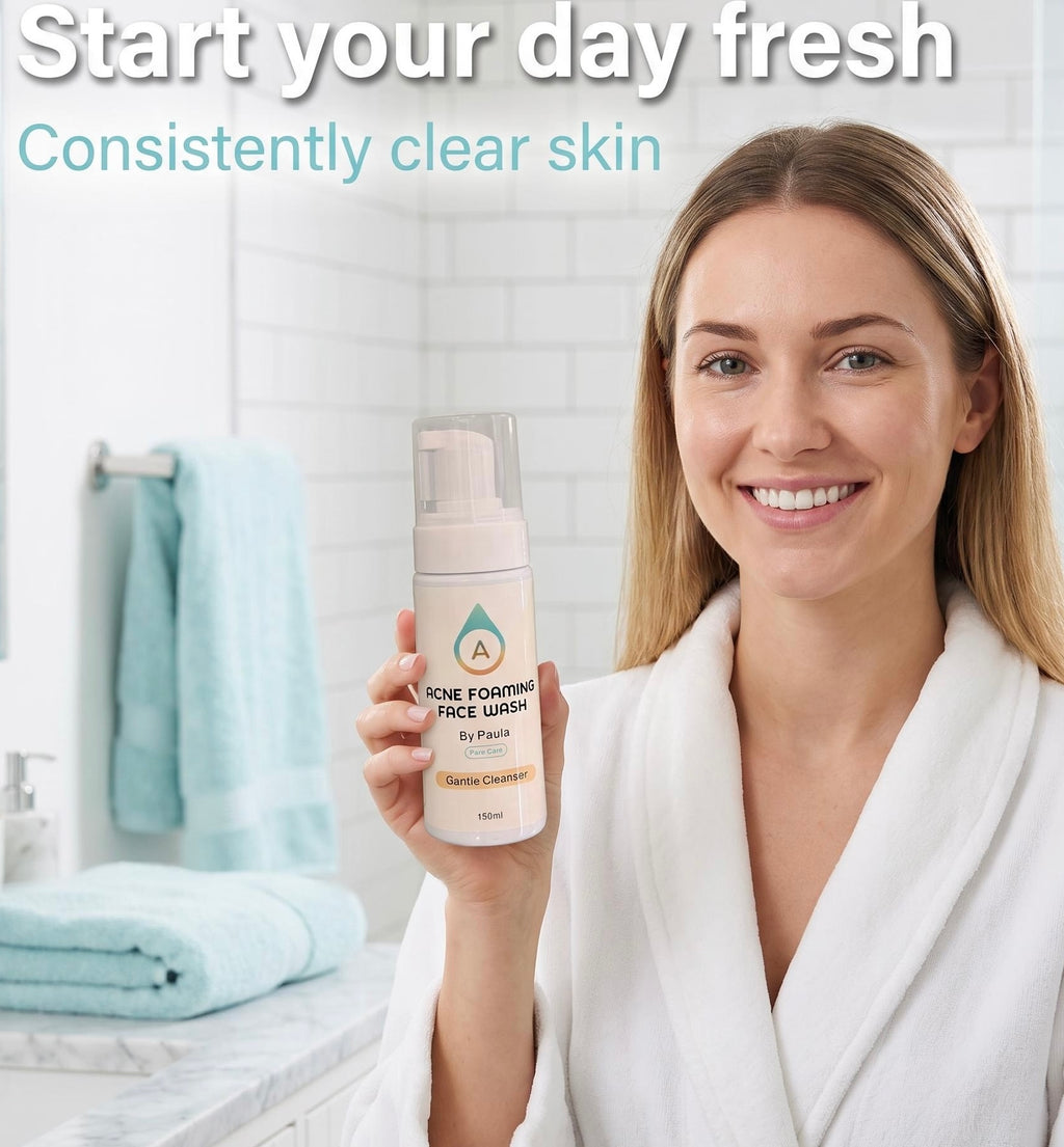 A smiling woman in a white robe holds up a bottle of Avene Foaming Face Wash in a bright bathroom setting. Text at the top reads 'Start your day fresh' and 'Consistently clear skin'.