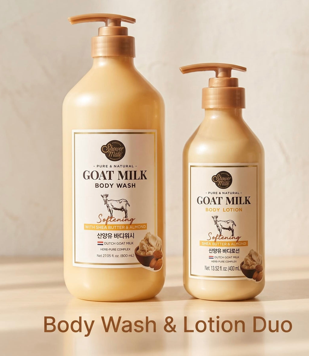 Two pump bottles of Deer Mountain Goat Milk Body Wash and Body Lotion in a matching beige and gold color scheme, displayed on a light beige background with the text 'Body Wash & Lotion Duo' at the bottom.