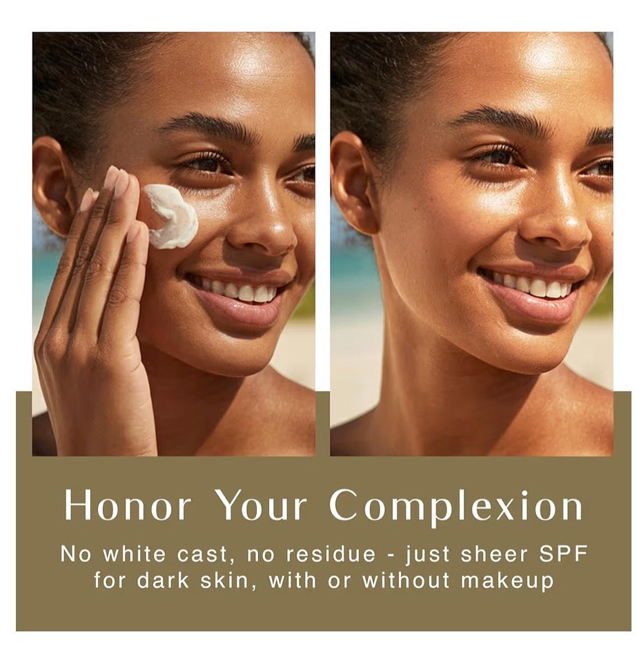 Woman applying sunscreen with text 'Honor Your Complexion' on a green background