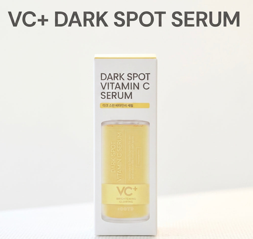 VC+ Dark Spot Vitamin C Serum in a white rectangular box with a clear window showing the pale yellow serum inside, on a light background with the product name in large text at the top.