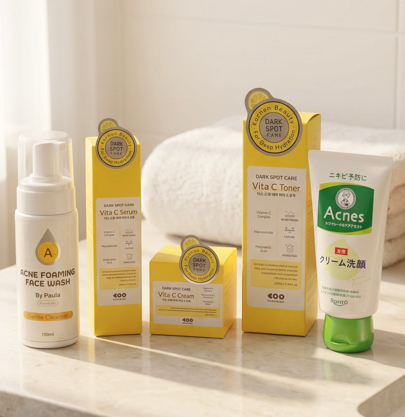 A set of five skincare products from By Paula and Acnes arranged on a light marble surface with a soft white towel in the background. The products include a face wash, three vitamin cream serums in yellow boxes, and a dark spot care tube.