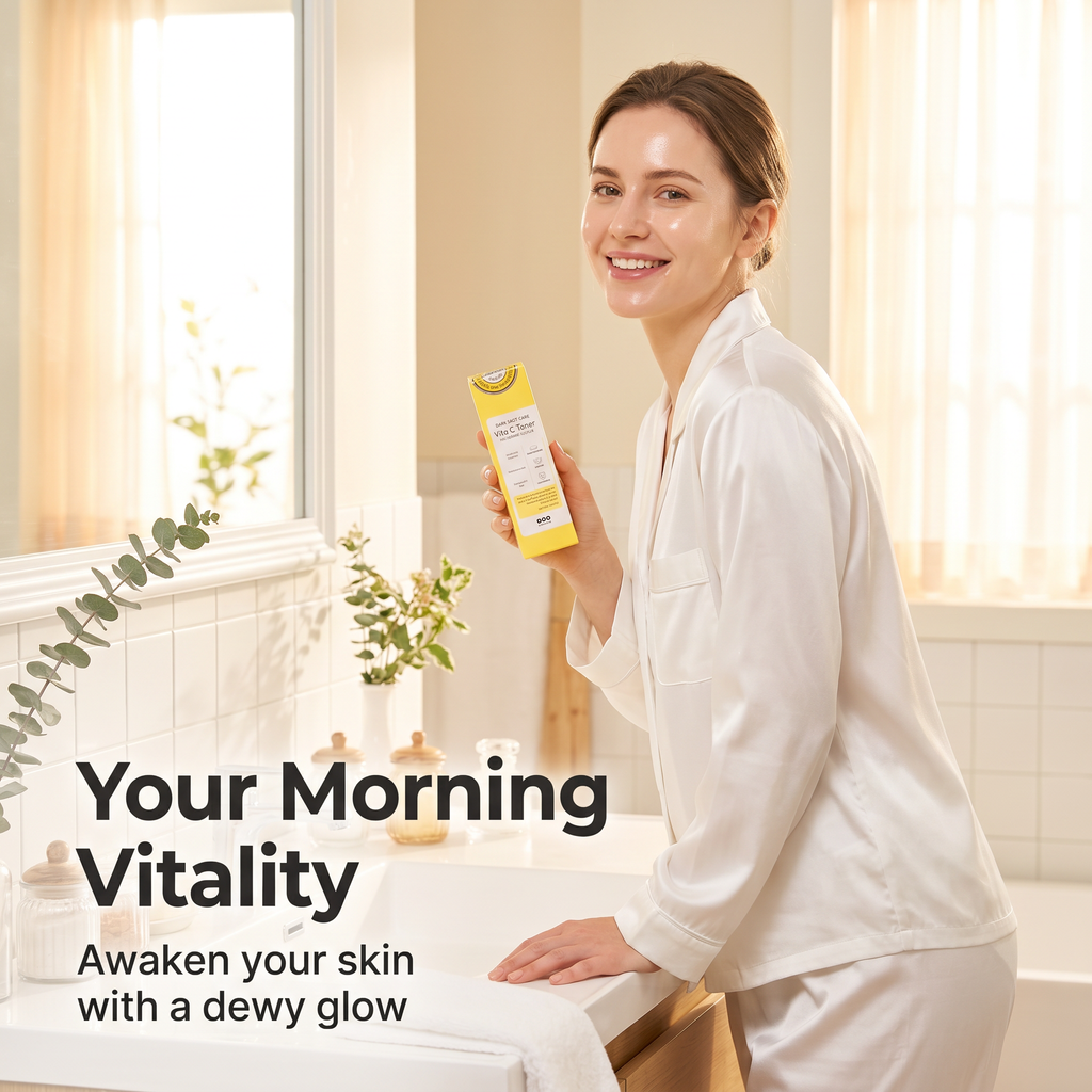 A woman in a white satin robe stands in a bright bathroom holding a yellow skincare bottle. Large text on the left reads 'Your Morning Vitality' and 'Awaken your skin with a dewy glow.