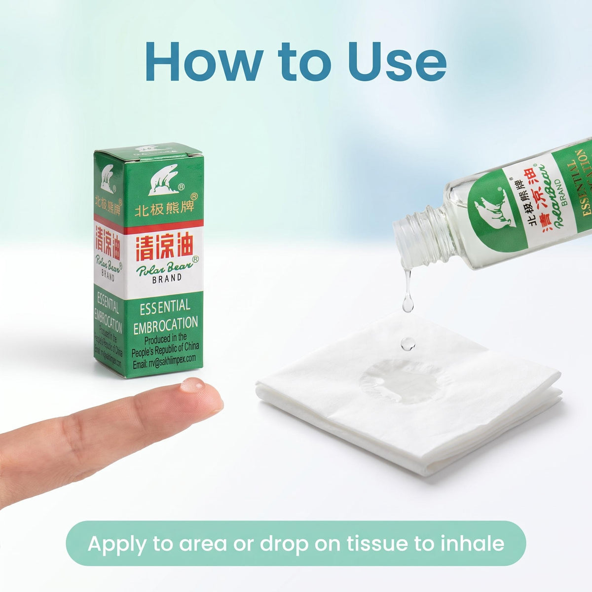 Instructional graphic showing a green and white essential embrocation box, a dropper pouring clear oil onto a white tissue, and a finger nearby under the heading 'How to Use'.