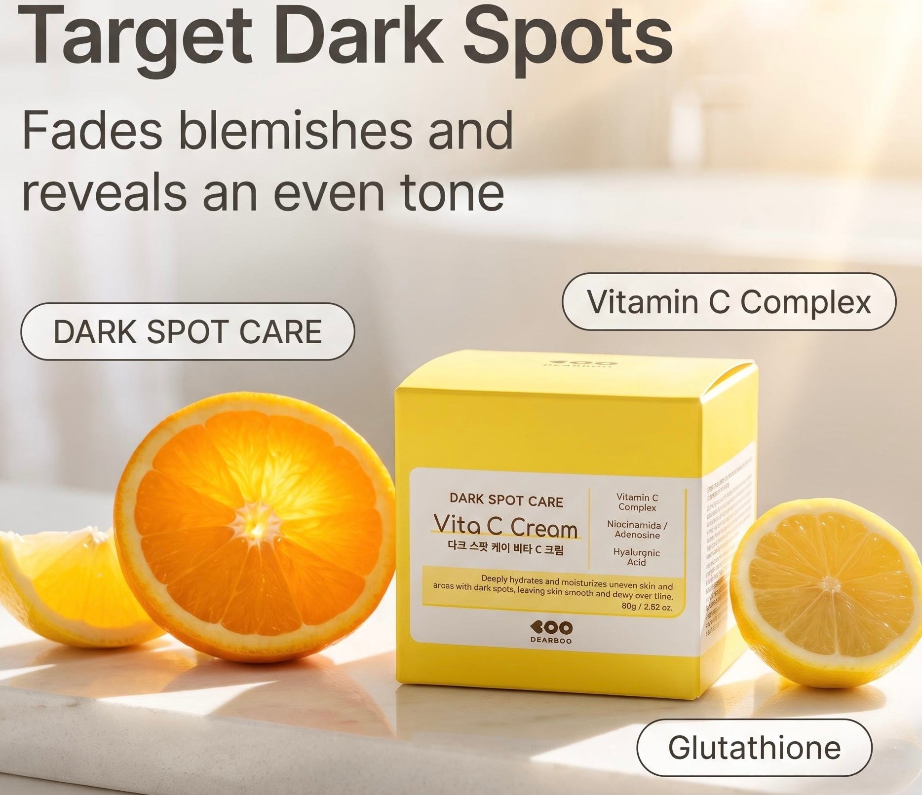 A yellow box of 400 Vitamin C Complex Dark Spot Care Cream is displayed on a marble surface with sliced oranges and lemons around it. Text overlays describe the product benefits including fading blemishes, vitamin C complex, and glutathione.