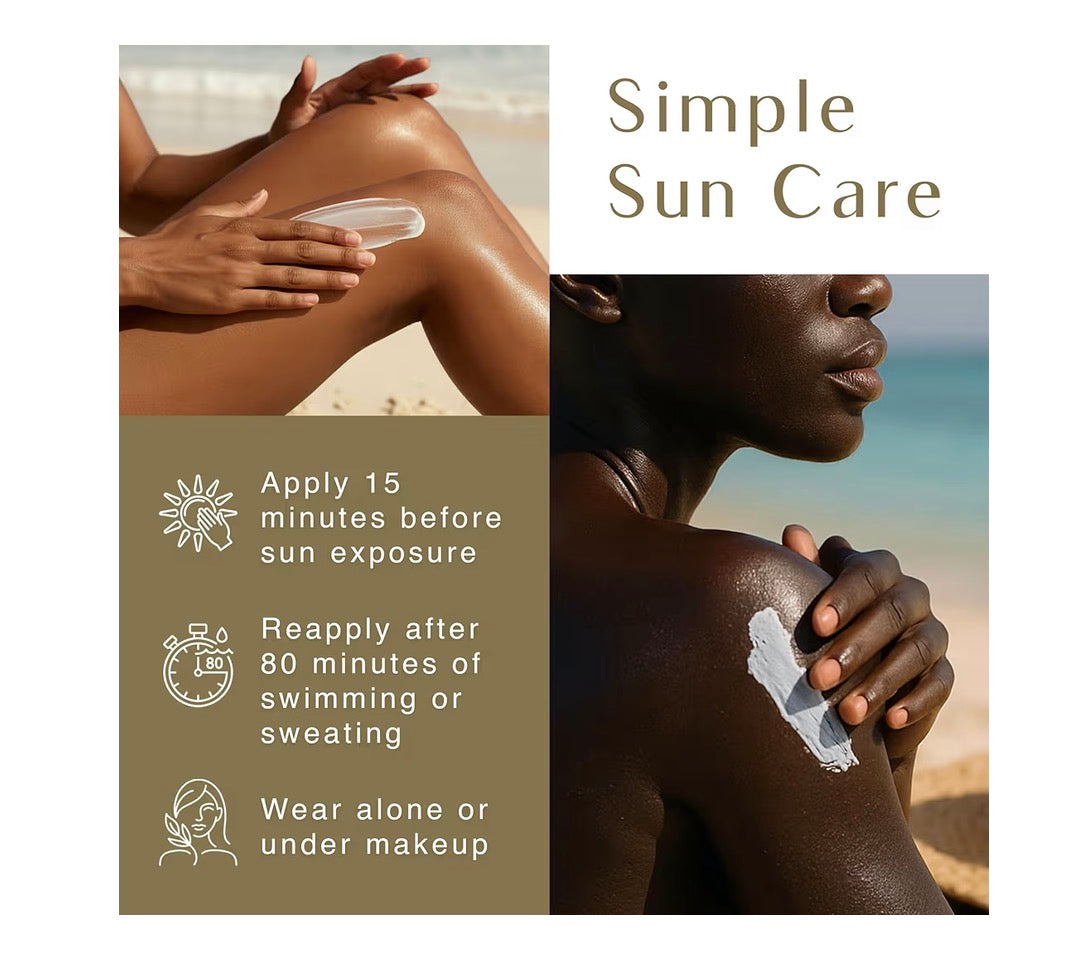 Sunscreen application on skin with beach background and sun care instructions.