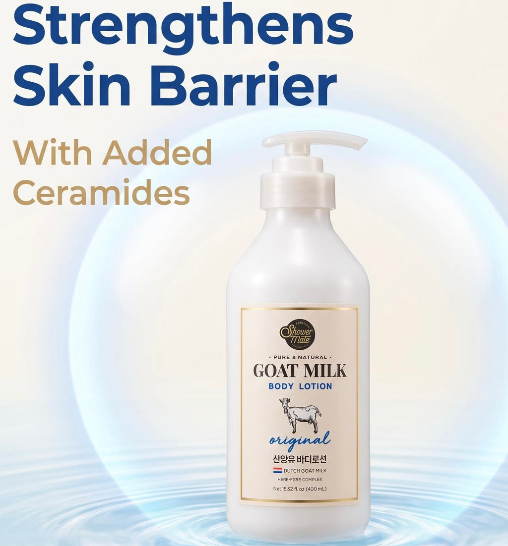 A pump bottle of Nature's Way Goat Milk Body Lotion centered on a light blue and white graphic background with text reading 'Strengthens Skin Barrier With Added Ceramides.'.