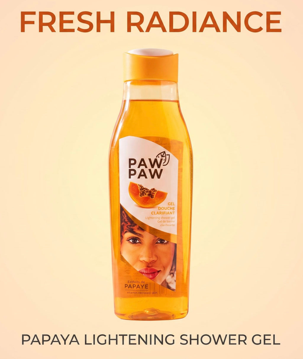 A bottle of PAW PAW Papaya Lightening Shower Gel centered on a warm beige background with orange text reading 'FRESH RADIANCE' at the top and 'PAPAYA LIGHTENING SHOWER GEL' at the bottom.
