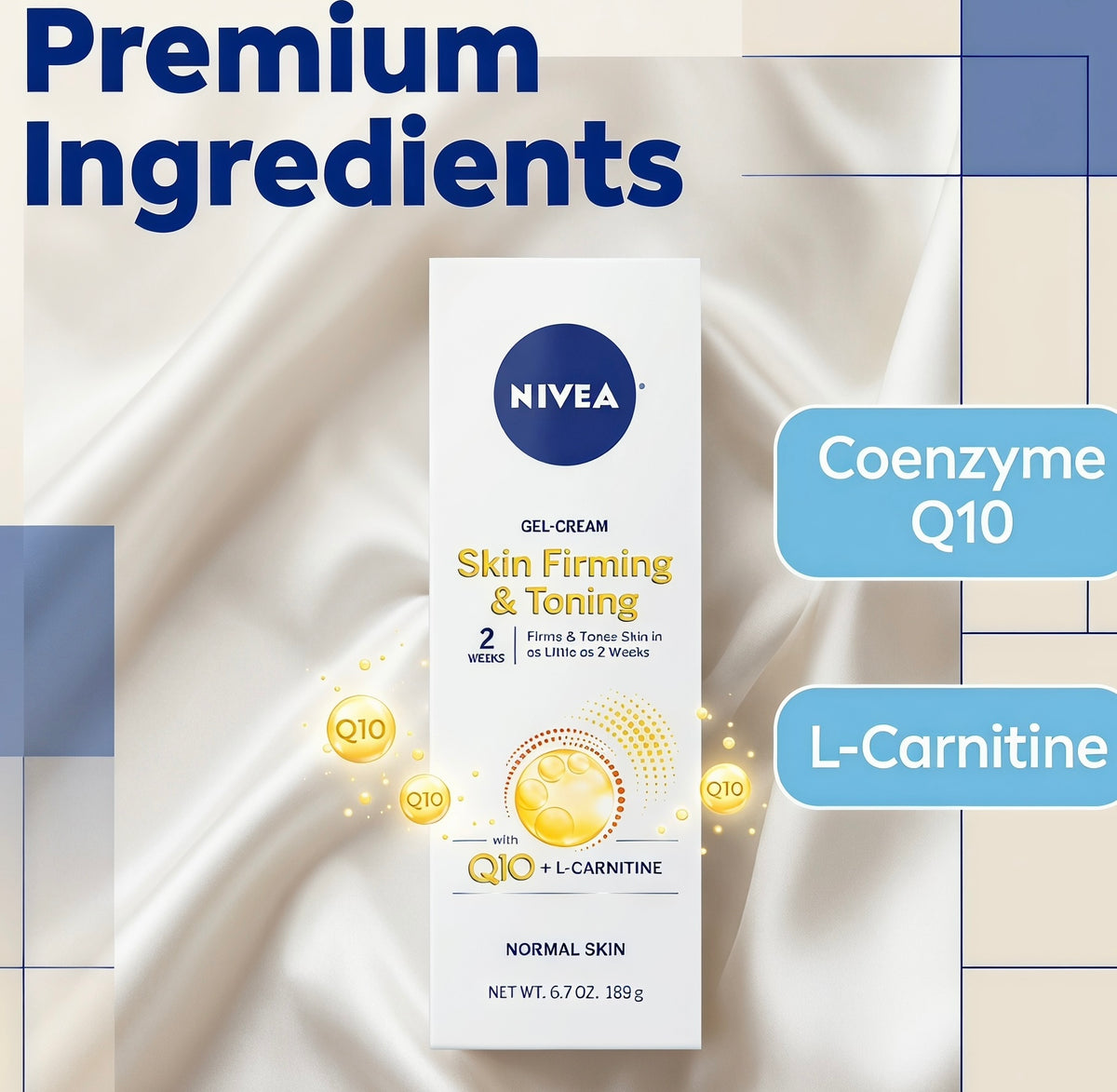 Nivea Skin Firming & Toning Gel-Cream box centered on a satin-like cream background with large text reading 'Premium Ingredients,' blue callouts for 'Coenzyme Q10' and 'L-Carnitine,' and gold circular ingredient graphics around the package.