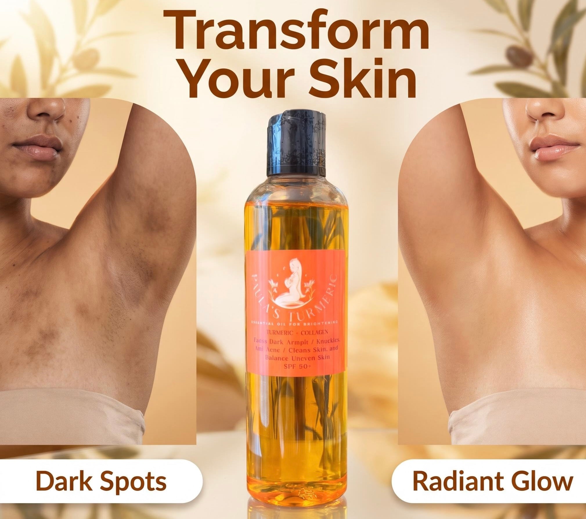 A bottle of skin serum or oil is centered between two before-and-after style skin comparison photos. Large text at the top reads 'Transform Your Skin,' with 'Dark Spots' on the left and 'Radiant Glow' on the right.
