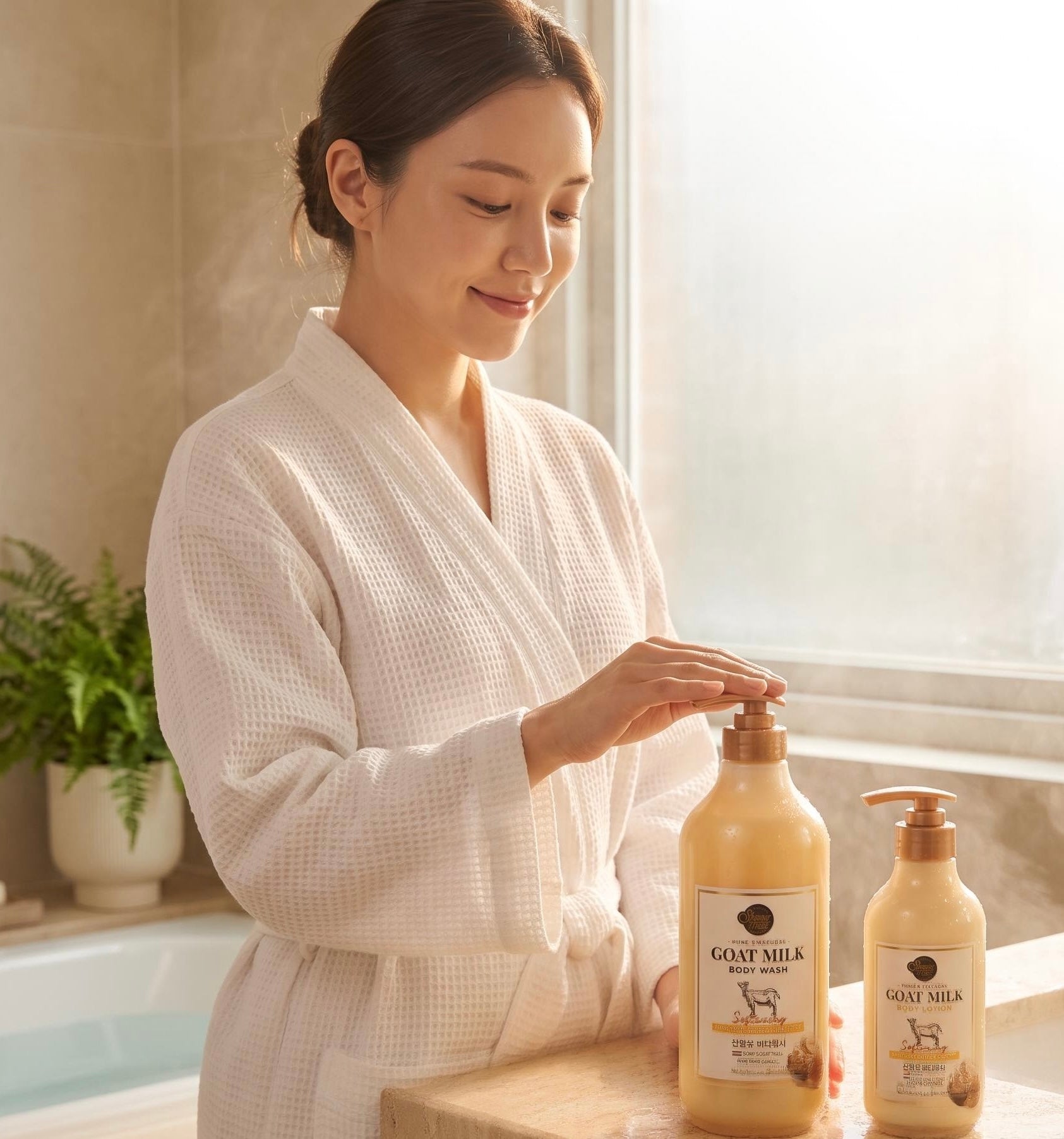 A woman in a white waffle-textured bathrobe stands by a window in a bright bathroom, pressing the pump of a large bottle of Goat Milk Body Wash next to a matching lotion bottle.
