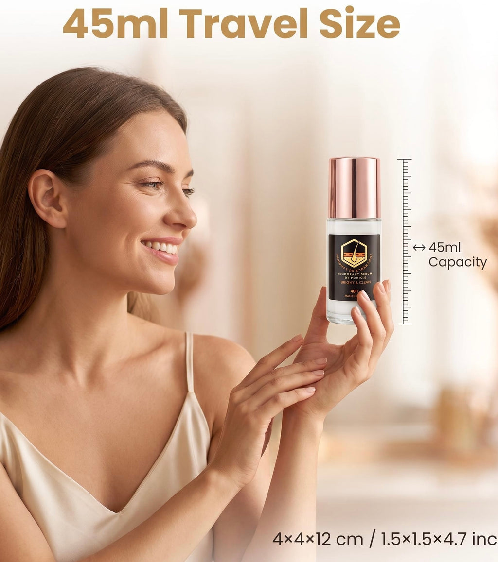 A woman holds a small travel-sized cosmetic bottle with a rose gold cap and black label. The image includes text reading '45ml Travel Size' and a ruler graphic indicating the bottle is approximately 45ml capacity, with dimensions 4x4x12 cm / 1.