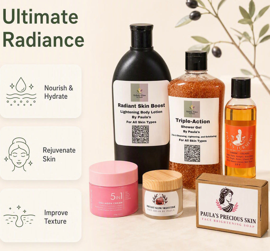A skincare set from Paula's Precious Skin and By Paula's arranged on a light beige surface with decorative olive branches in the background. The set includes an Ultimate Radiance body wash bottle, a Radiant Skin Boost body lotion bottle, a Triple-Action shower gel bottle, a shower oil bottle, a pink body cream jar, a white skin rejuvenator cream jar with a wooden lid, and a Paula's Precious Skin face brightener spray box.
