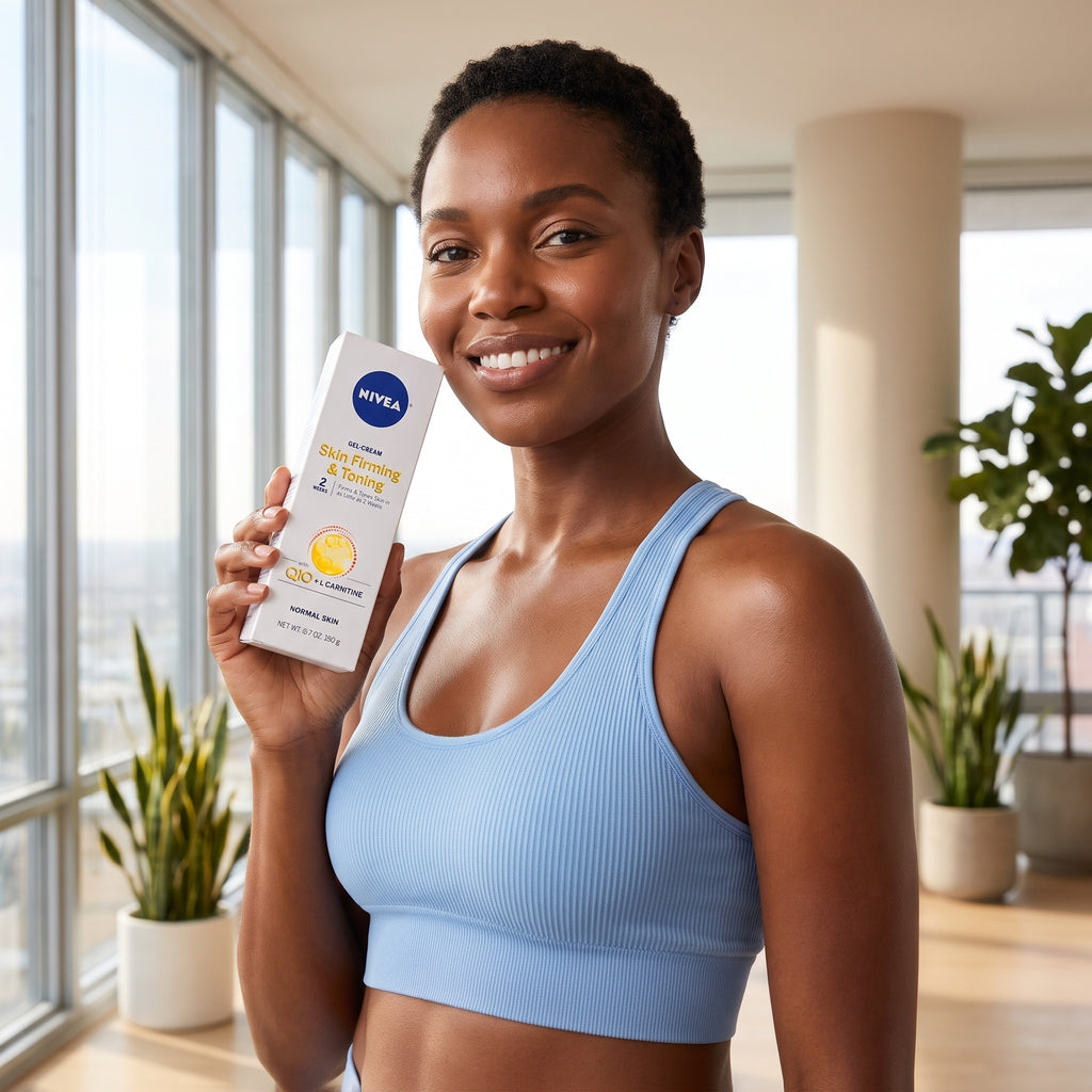 A smiling woman in a light blue sports bra holds up a box of NIVEA Sun Protection Factor 30 sunscreen in a bright, modern room with large windows and potted plants.