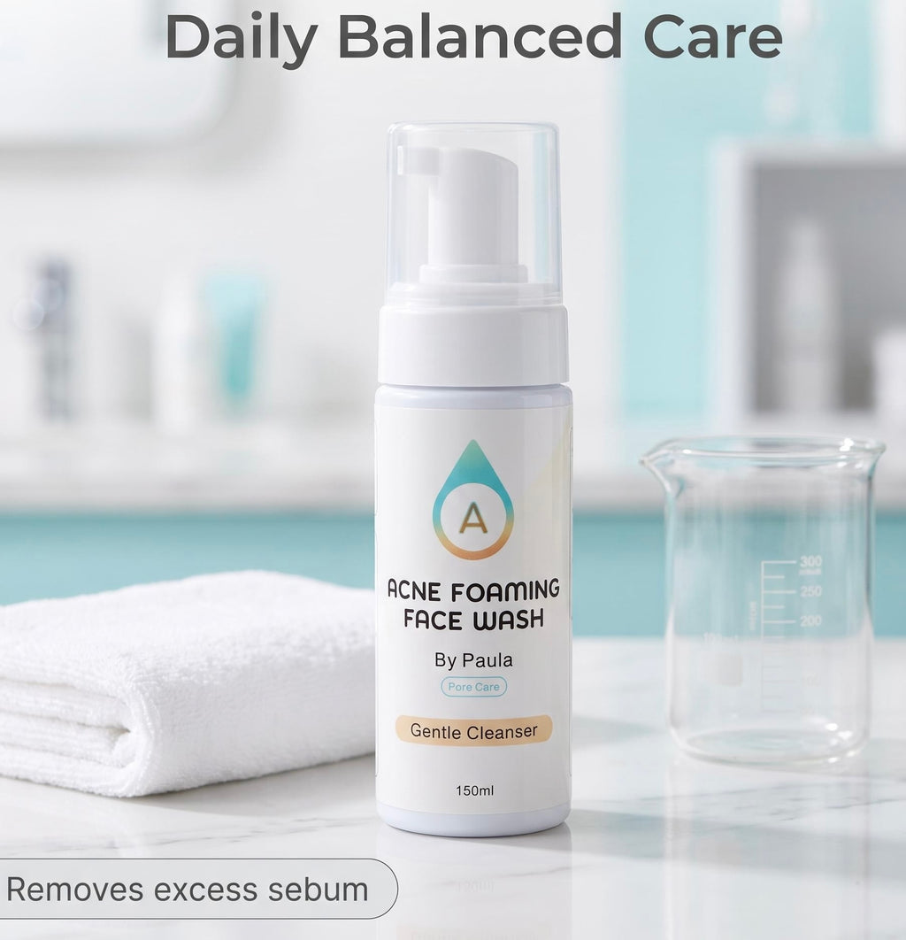 A bottle of Acne Foaming Face Wash by Paula, labeled as a gentle cleanser, displayed on a marble countertop with a white towel and a glass beaker in a bright bathroom setting. Text overlays read 'Daily Balanced Care' and 'Removes excess sebum'.